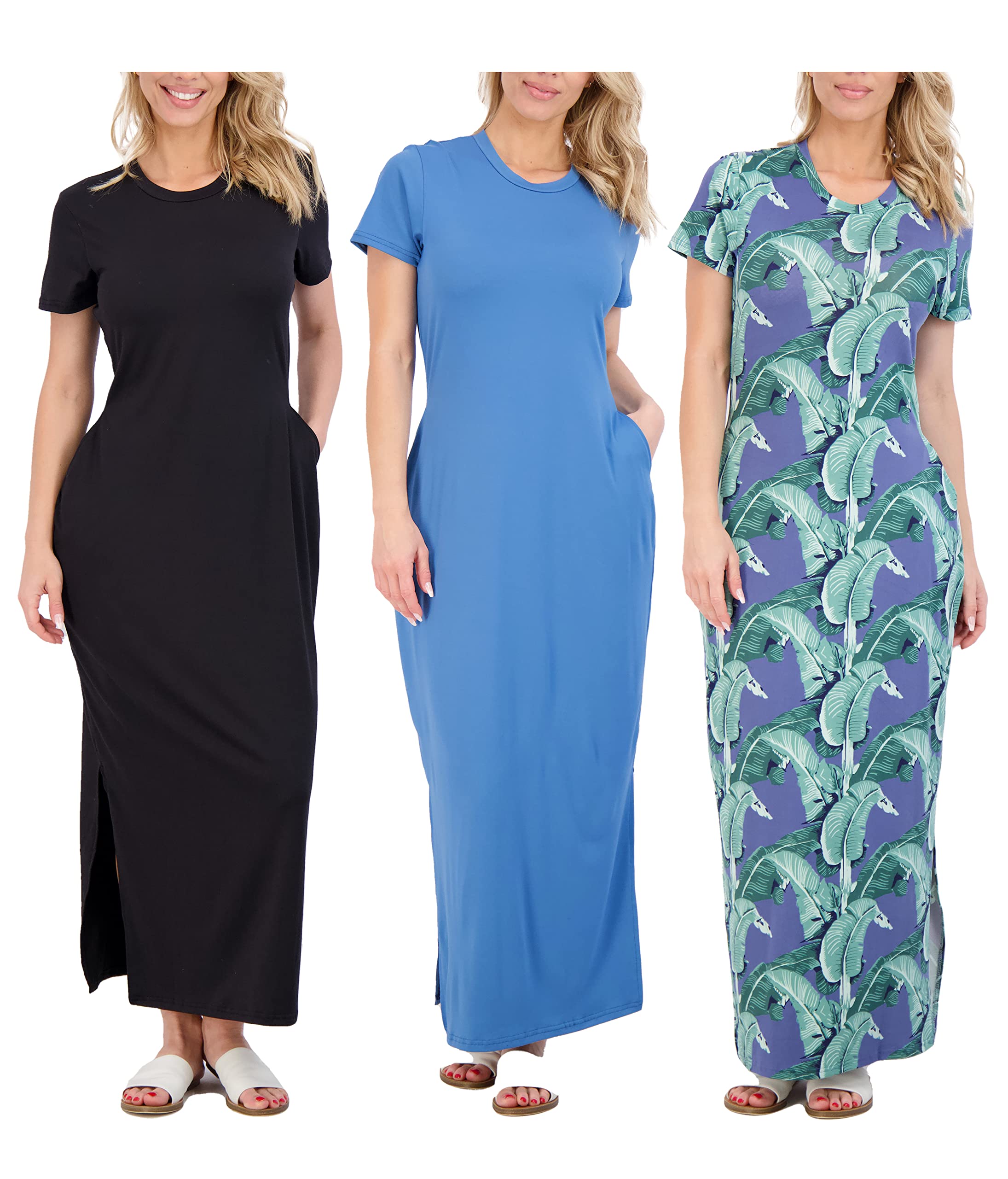 Real Essentials3 Pack Women’s Casual Short Sleeve Maxi T-Shirt Summer Dress with Slit & Pockets (Available in Plus Size)