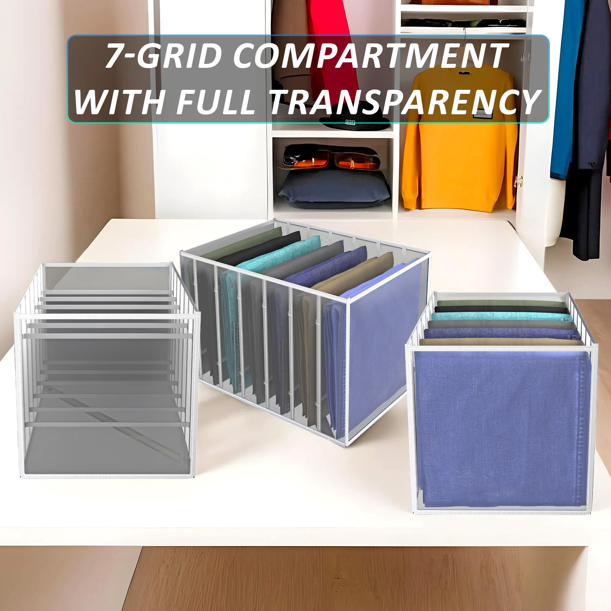 Kuber Industries Stoff-Organizer | Kleiderschrank-Organizer | Aufbewahrungsbox mit 7 Fächern für Jeans-Hosen und Hemden | Faltbarer Schubladen-Organizer aus PVC | transparent | .40 mm | 3 Stück | Weiß