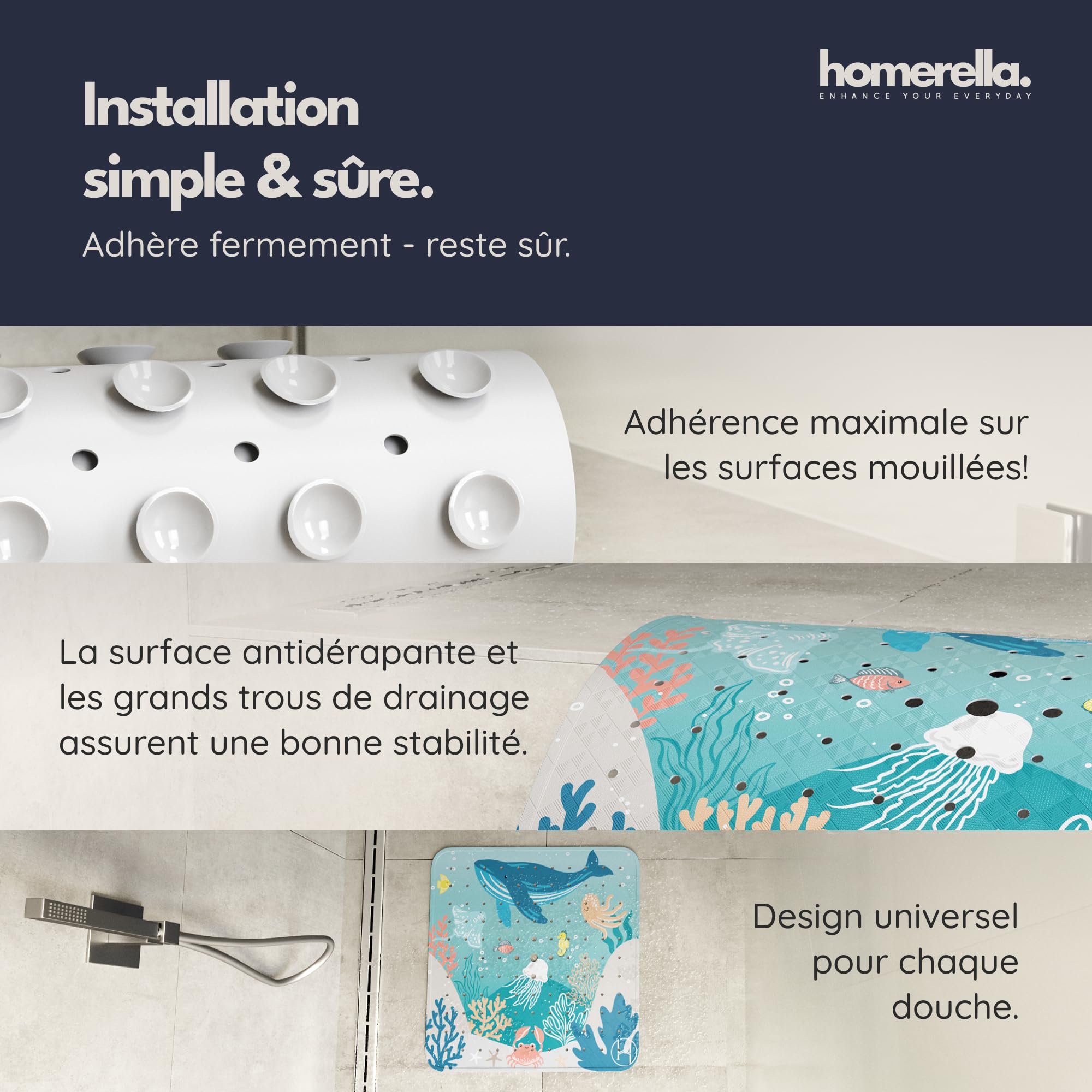 Homerella Tapis de Douche Sensible à la Peau - 53 x 53 cm - avec Suspension - Tapis de Douche antidérapant - sans BPA - sans Latex - Résistant à la moisissure et Lavable en Machine