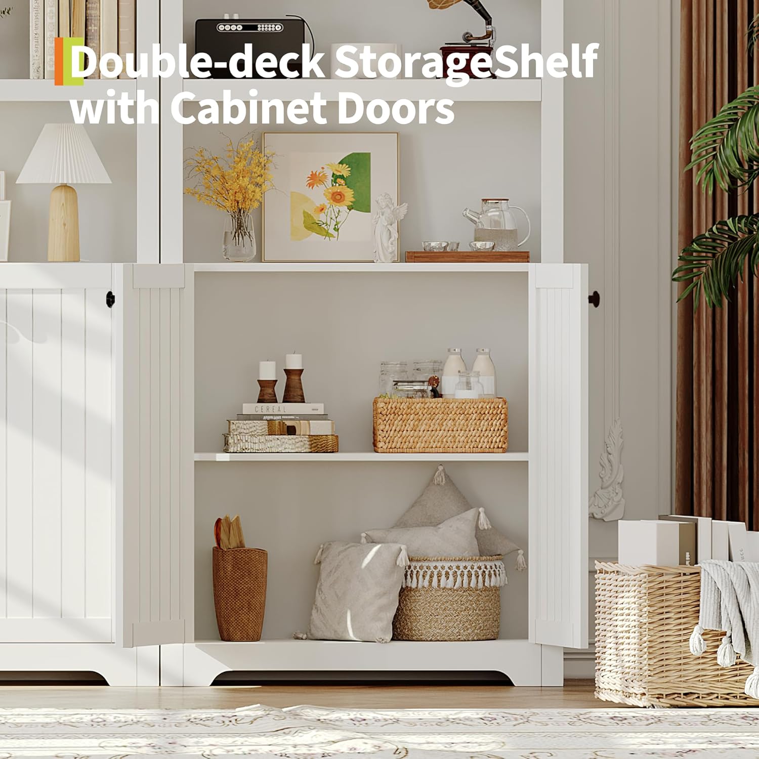 GAOMON 71.6" Arched Storage Cabinet with Adjustable Shelves & 2 Doors, Farmhouse 6-Tier Bookcase, Kitchen Pantry Display Shelf for Living Room and Dining Area Organization, White