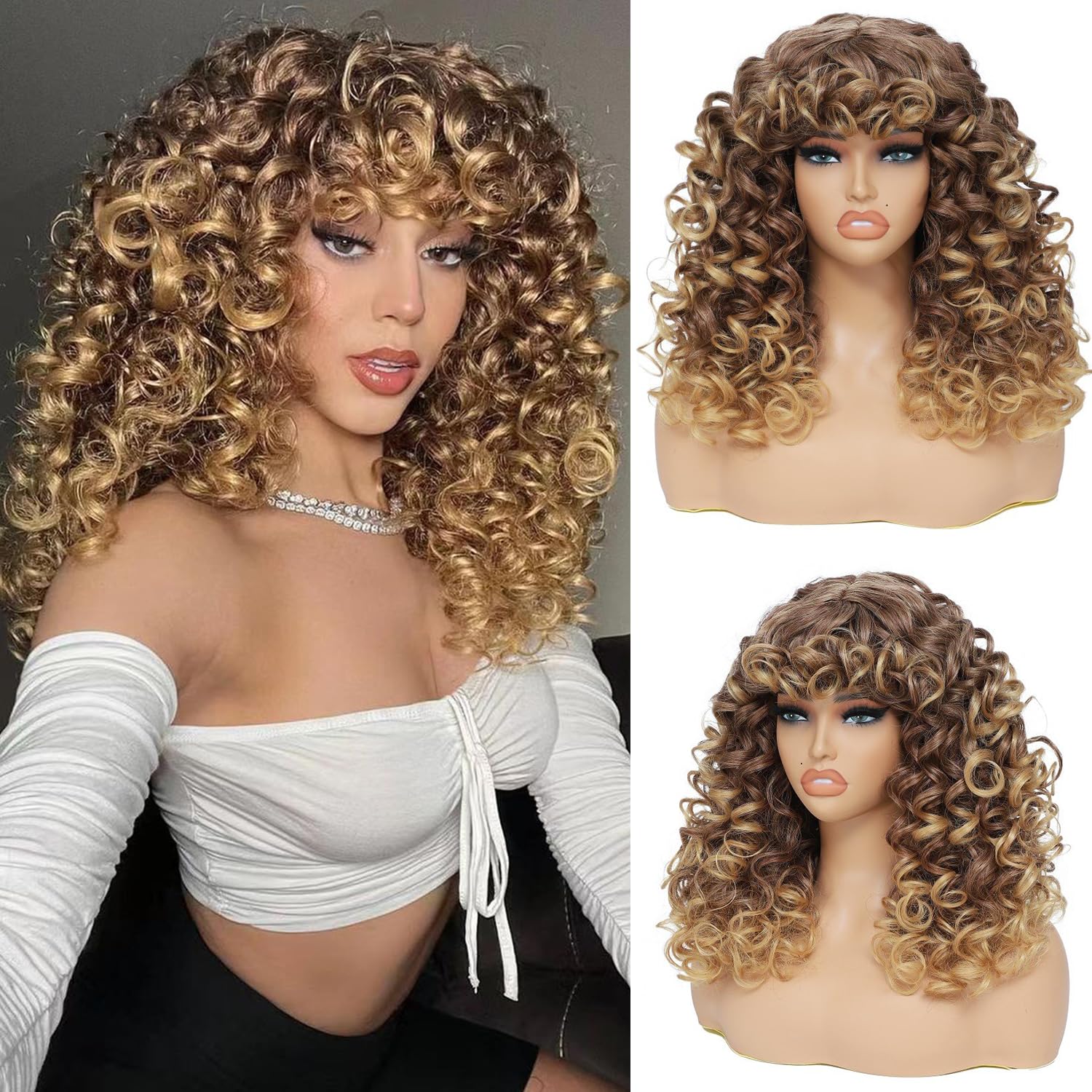 GKtineke-Curly-Wig Big-Curly-Wigs-for-White-Black-Women 20 Inch- Long-Curly-Wig-with-Bangs Synthetic-Hair-Replacement-Wigs-for- Cosplay and Daily (): Ombre Blonde