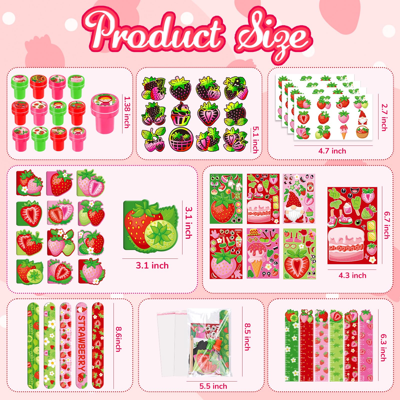 BenLouis 96 piezas de recuerdos de fiesta de fresa, artículos de papelería escolares a granel para niños, aula, regalo de cumpleaños, caramelos, bolsas de golosinas, decoración de frutas, fresas