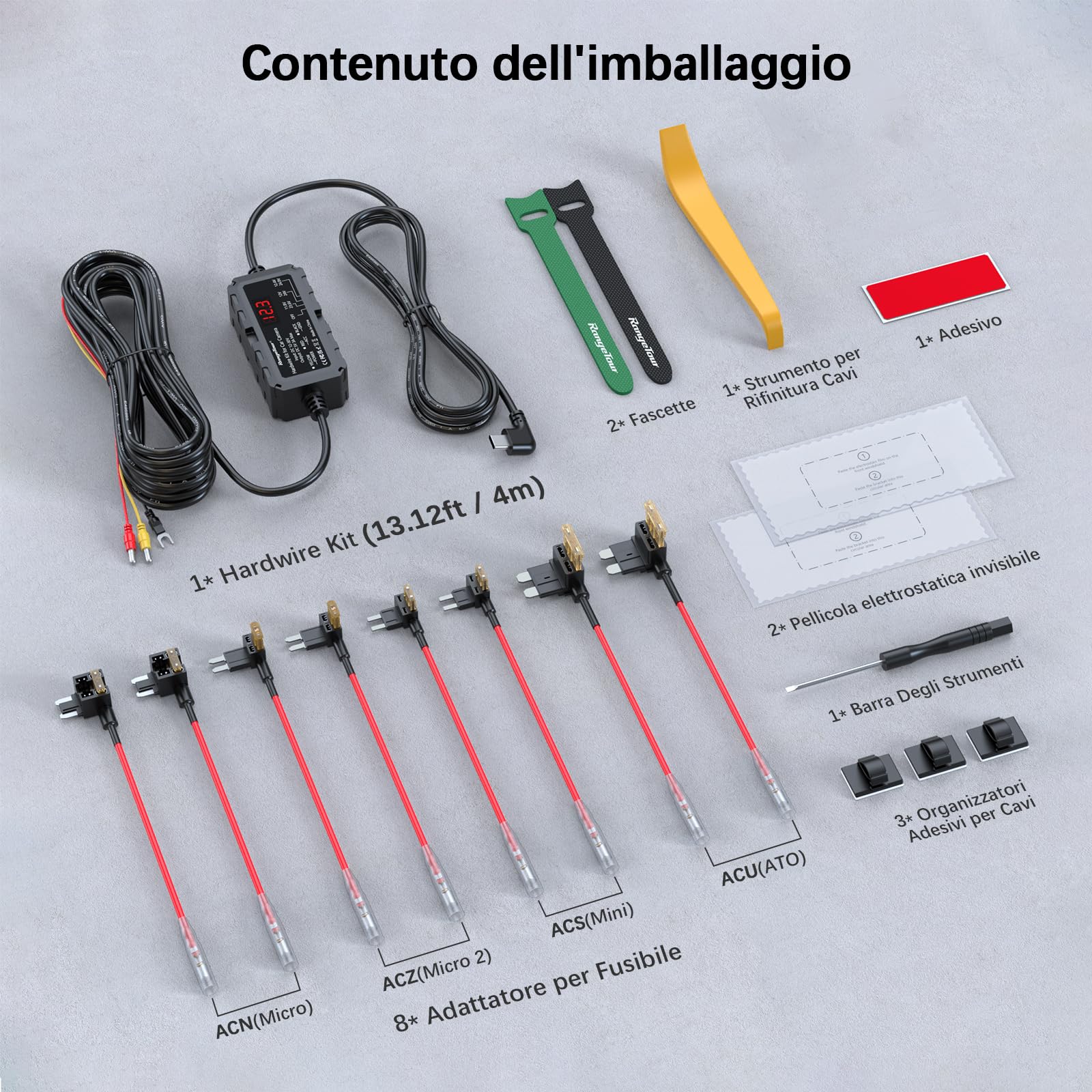 Kit Cablaggio USB-C con Schermo LED, 12V-32V a 5V 3A Auto Cavo di Ricarica Kit 4m 3-Core con Protezione Regolabile a Bassa Tensione, Dash Cam Hardwire Kit Monitoraggio Parcheggio 24 Ore