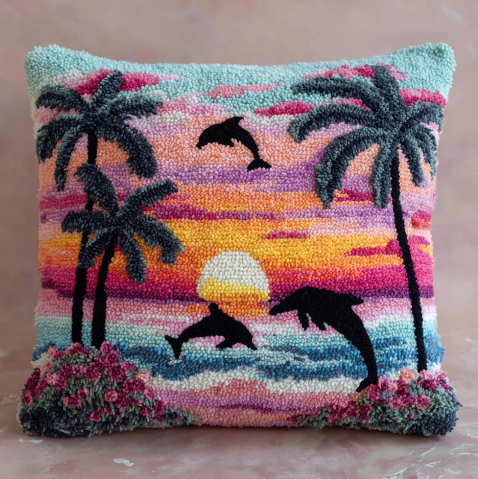 WallustrioaW Latch Hook Cushion Cover Kits 43x43cm,Sunset Beach View