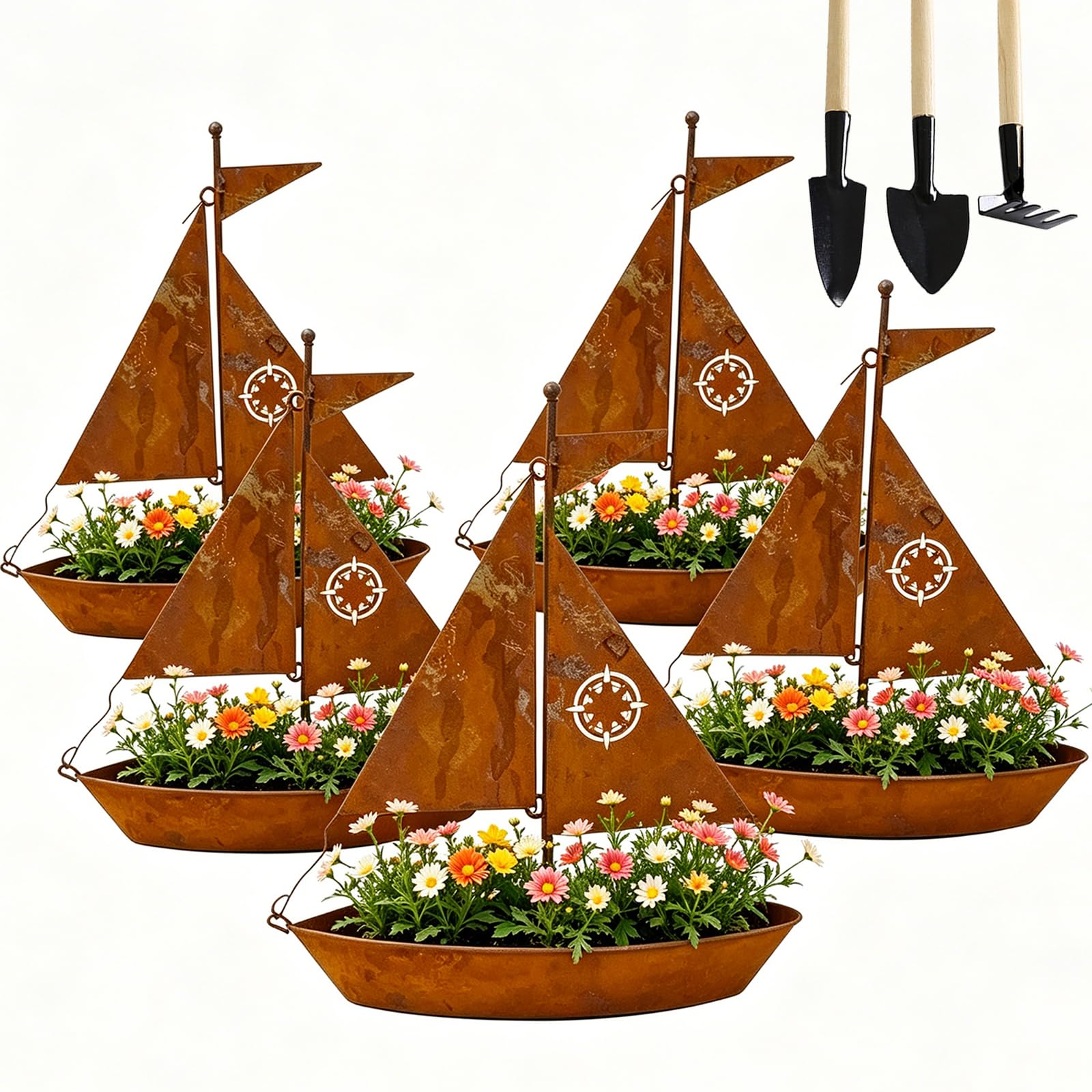 LLELEMAMO Rustic Sailboat Metal Planter, Handcrafted Weather Resistant Iron Boat Planter for Succulents Herbs, Vintage Nautical Flower Pot Design for Garden Patio Decor, 3D Sculpture for Shelf (5Pcs)