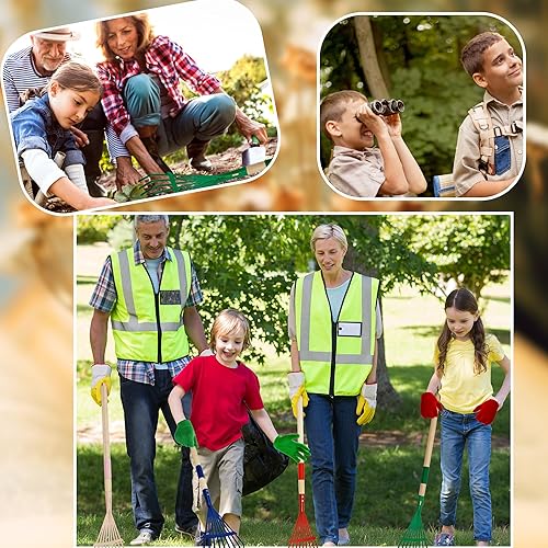 Miniatura 7 de Juego de 4 rastrillos para niños con mango de madera dura, rastrillo de metal para jardín con 4 pares de guantes para herramientas de hojas de jardín