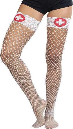 ToBeInStyle Womens Nurse Doctor Thigh High Stockings w/Red Cross Medical Patch Opaque & Fishnet Cosplay Costume