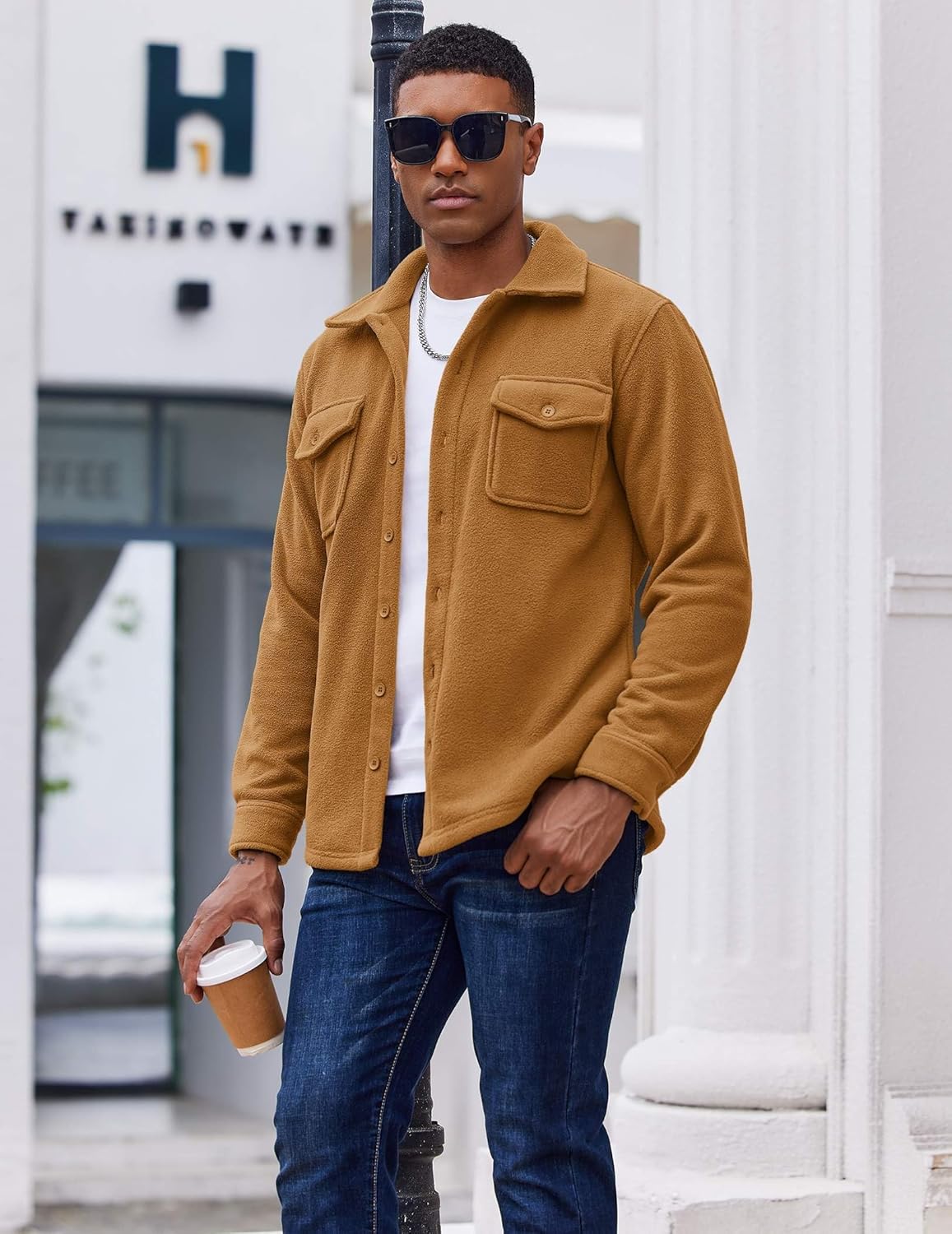 COOFANDY Men's Polar Fleece Shirt Jacket Long Sleeve Casual Button Down Shirts Shacket with Pockets - Image 3