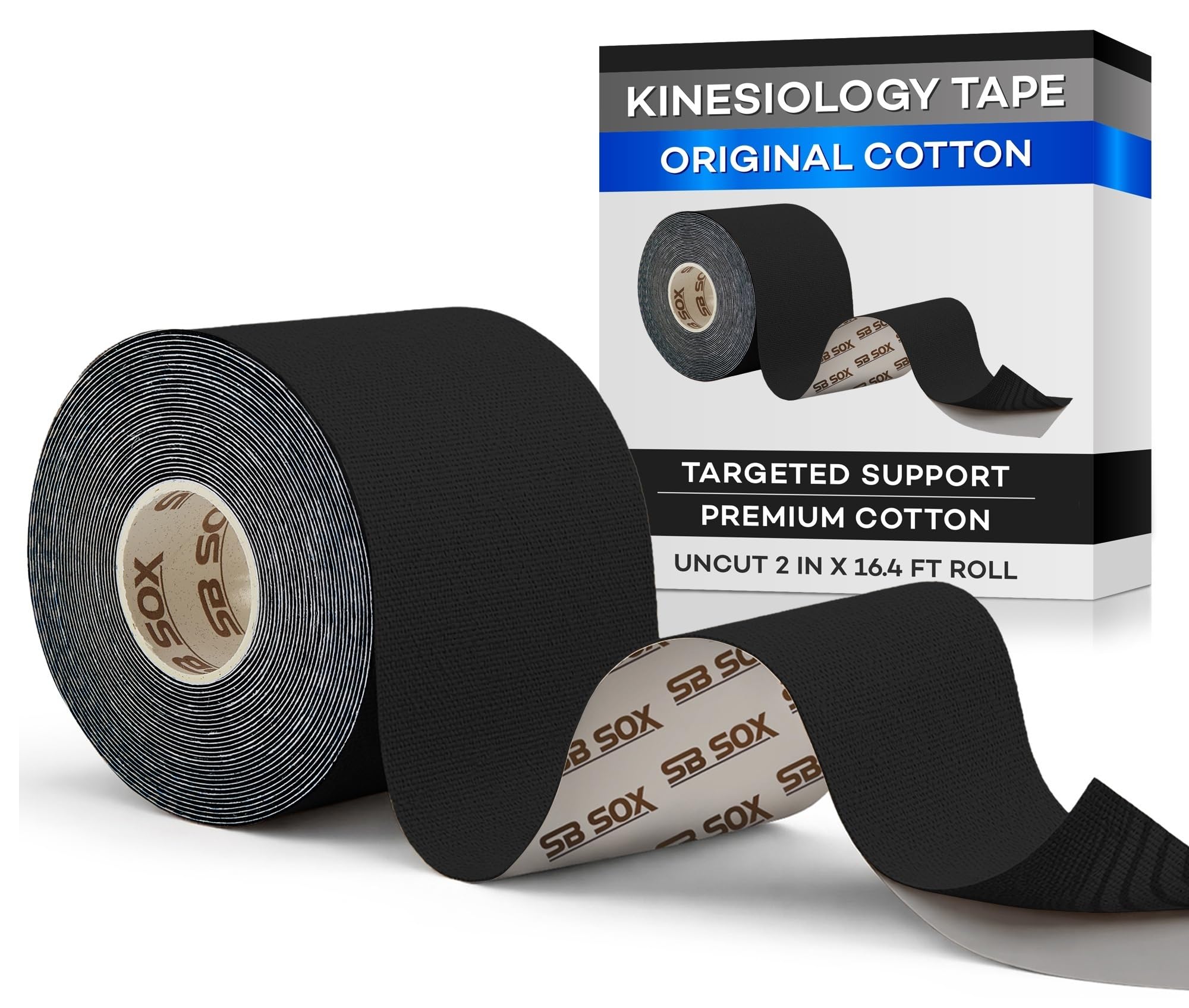 SB SOX Original Cotton Kinesiology Tape Roll – Best Latex Free Athletic Tape for Muscles/Joints – Waterproof, Stretchy, and Gentle on Skin (16ft)