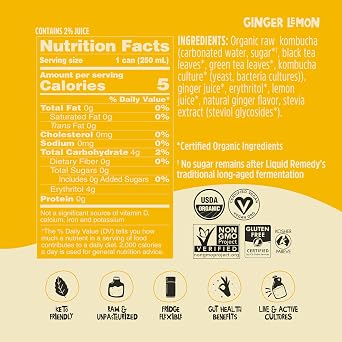 Liquid Remedy Kombucha Sugar Free Organic Drink, Low Calorie, Probiotic Like Tea for Gut Health - Ginger Lemon - 8.5 Fl Oz Can, 12-Pack