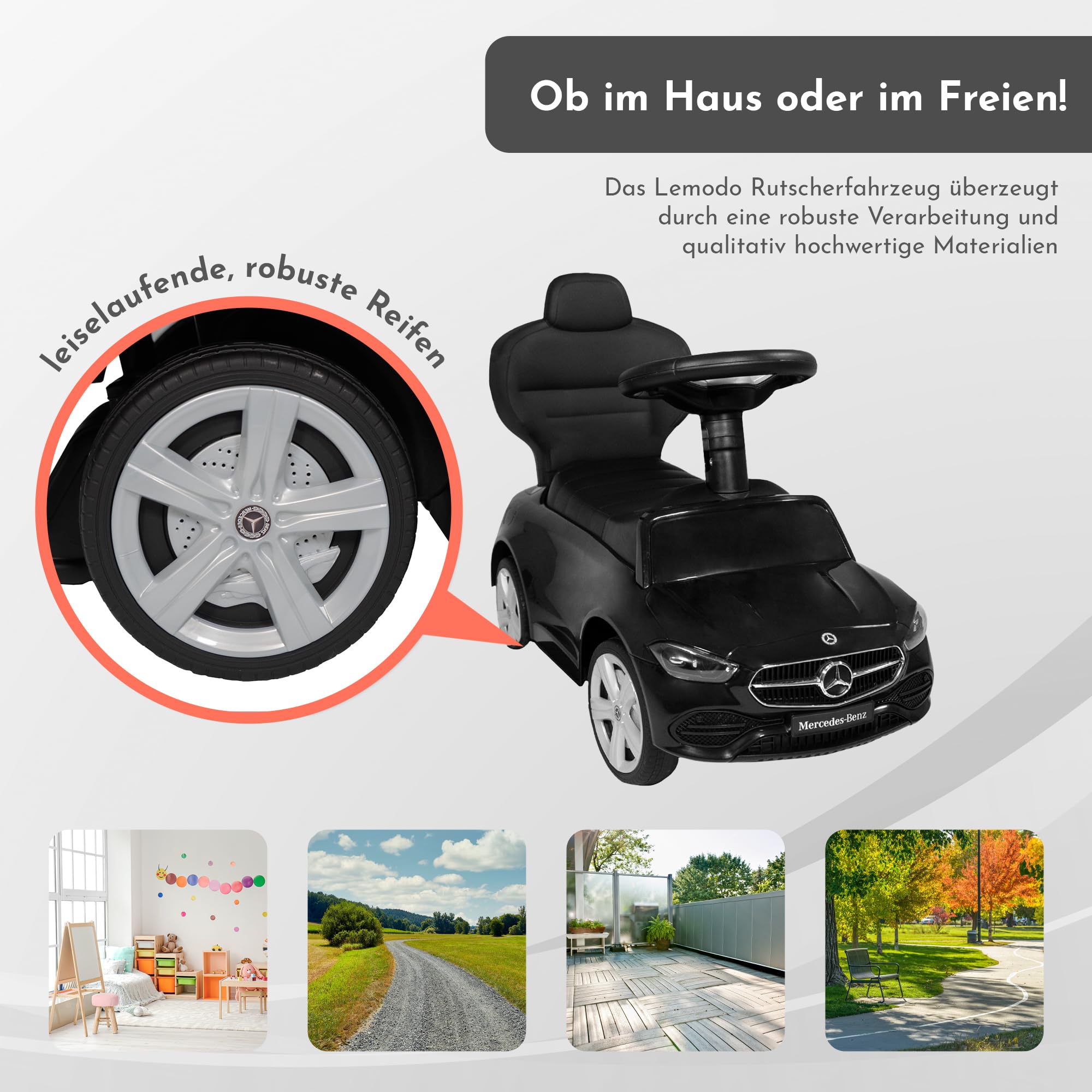Lemodo Rutschauto schwarz ab 1 Jahr – Rutscherfahrzeug Kinderfahrzeug mit Schiebestange und Sicherheitsbügel, Rutscherauto mit Staufach und Sound-Lenkrad, Lizenziertes Kinderspielzeug von Mercedes