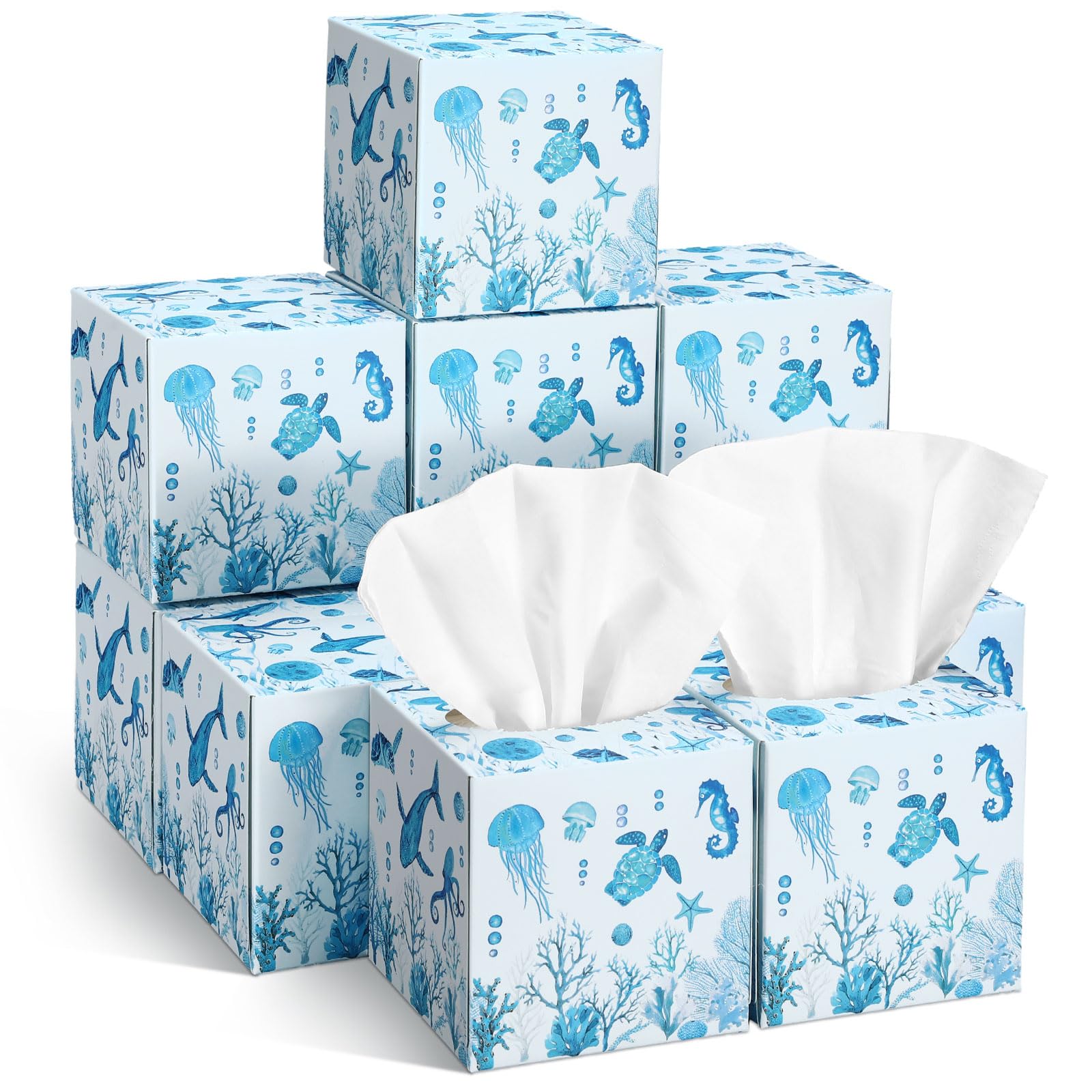 Fourluoo 12 Pack Summer Ocean Life Facial Tissues Cube Boxes 600 Sheets 3 Ply Small Square Sea Turtles