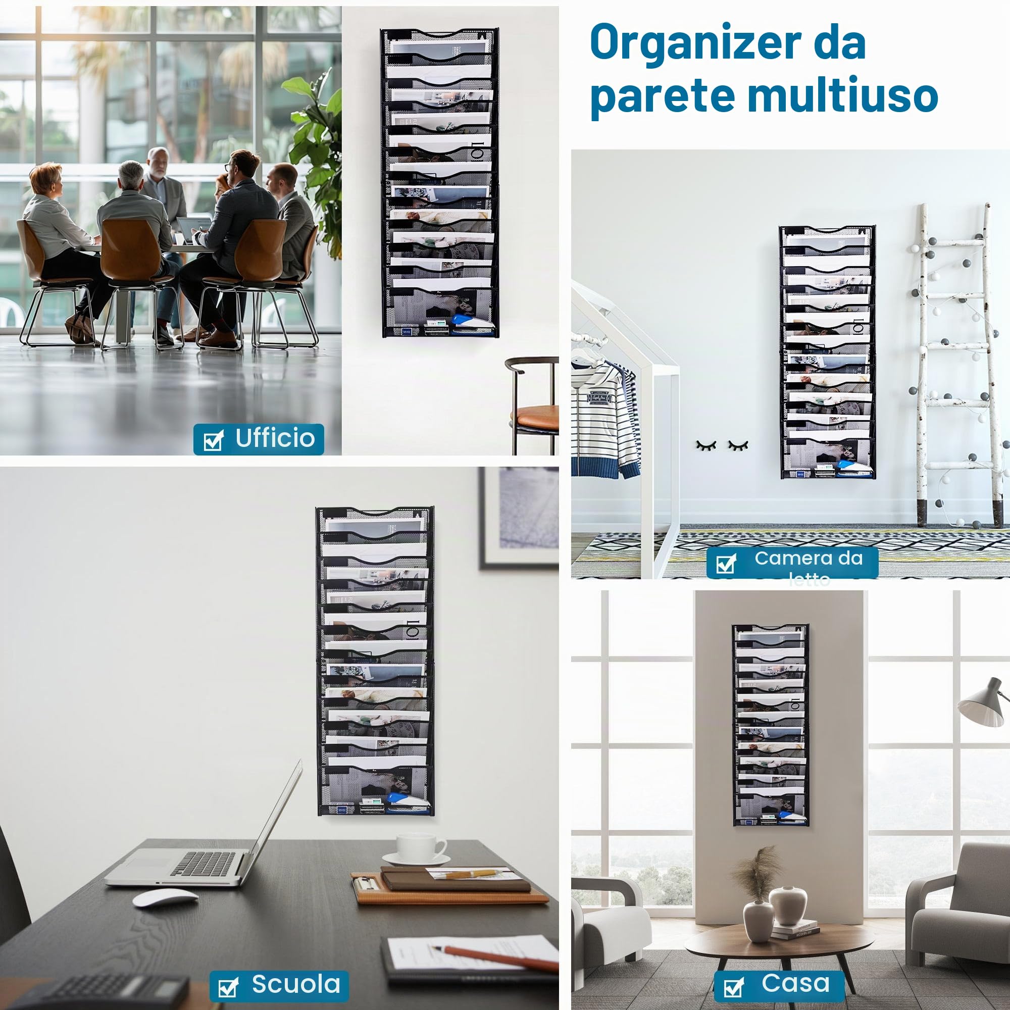 TQVAI 12 Ripiani Organizer Documenti Parete, Portariviste da Parete Metallo Scaffale per Documenti A4 Organizzatore Libreria Scrivania Ufficio Casa, Nero