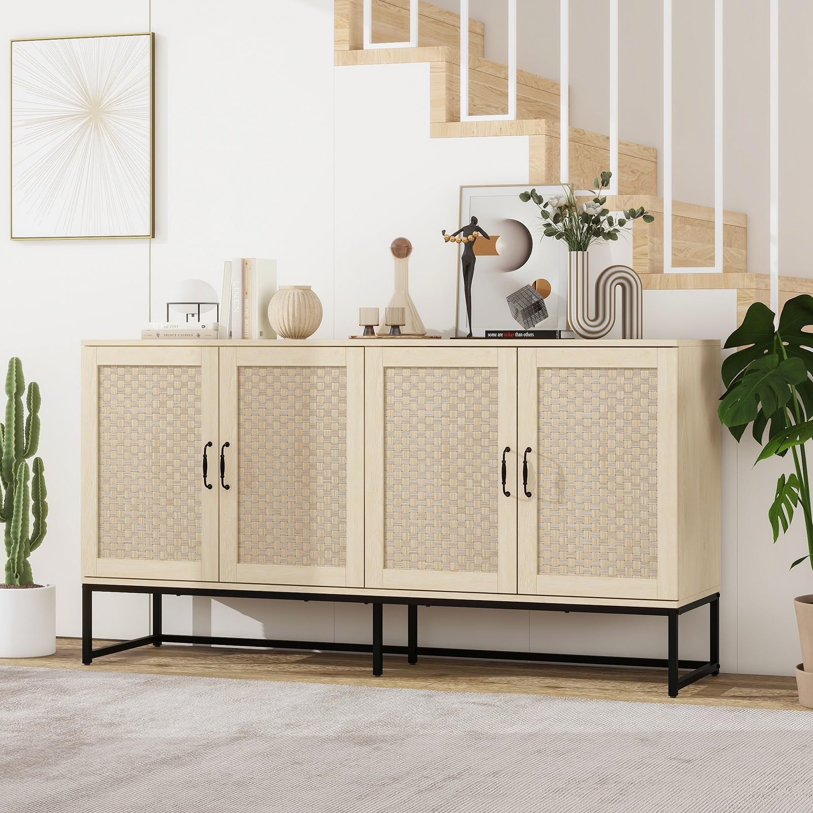 UZUGUL Sideboard Buffet Cabinet, Storage Cabinet with Rattan Decorated Door,Accent TV Stand Cabinet,Entryway Table with Storage,Console Table for Living Room (Natural 4 Door)