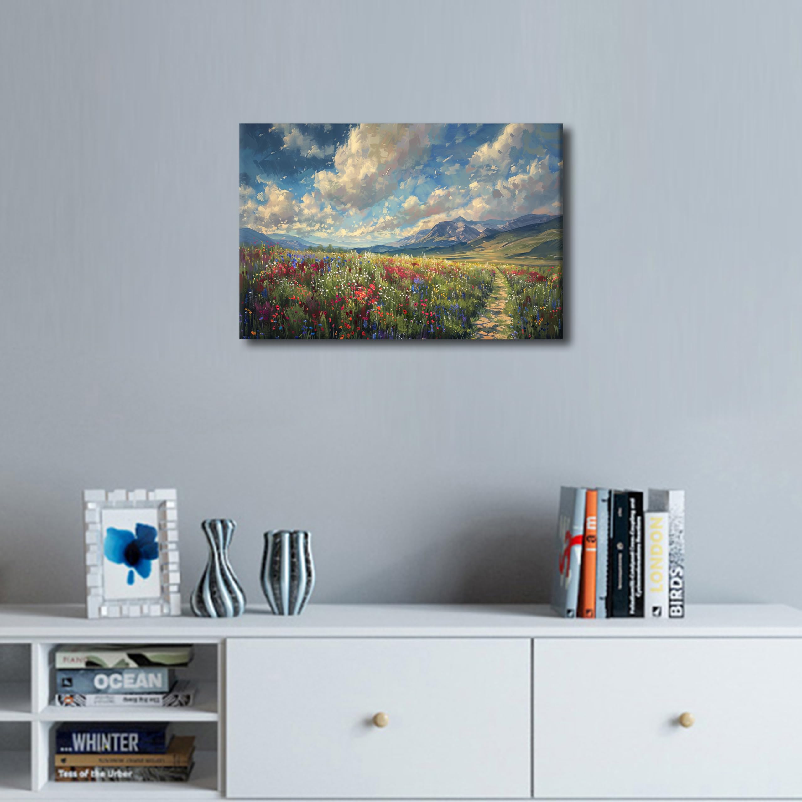 Natural Landscape Wall Art for Living Room Blooming Wildflowers Canvas Wall Art Pictures Poster Modern Wall Decor Art for Bedroom Office Giclee Wooden Framed Gallery-Wrapped Ready to Hang 16"Wx24"H - Image 3