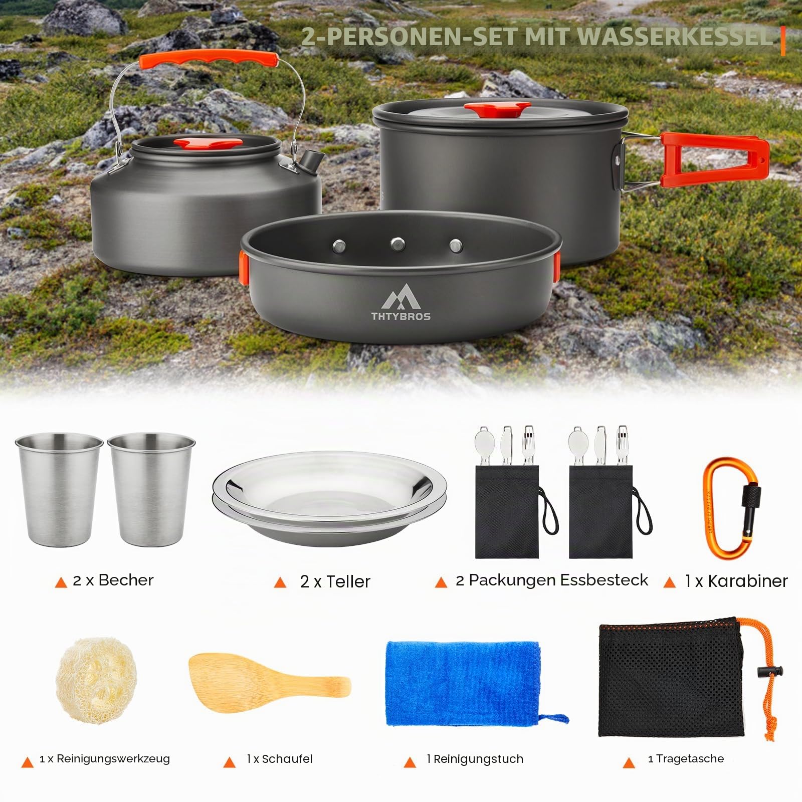THTYBROS 17-teiliges Camping-Kochgeschirr-Set, hart eloxiertes Aluminium-Topf-Pfanne-Kessel mit 2 Edelstahl-Tassen, Teller, Besteck für Outdoor-Wandern, Rucksackreisen, Picknick