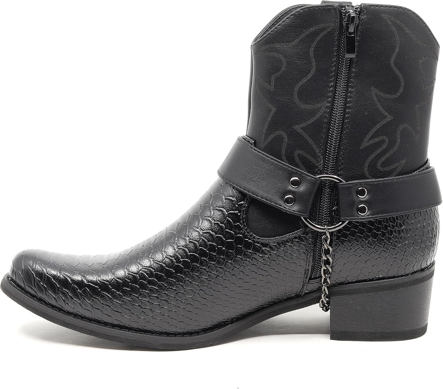 Metrocharm Western Cowboy Boots, Snake Pattern Synthetic Leather Upper, Metal Harness Detail WEST-01