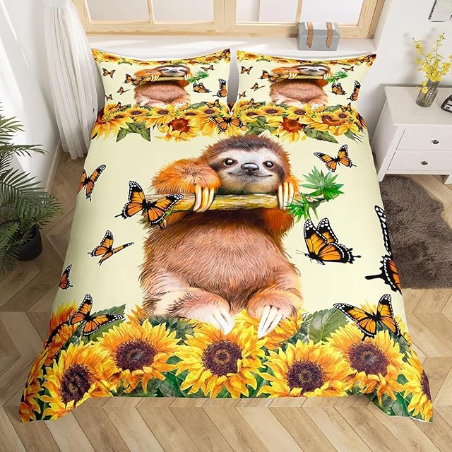 Loussiesd Sloth Bedding Single Kids Animal Bedding Boys Funny Bedding Sloth Sunflower Motif Bedding Girls Yellow Butterfly Floral Print Duvet Cover Teen Bedroom Decor