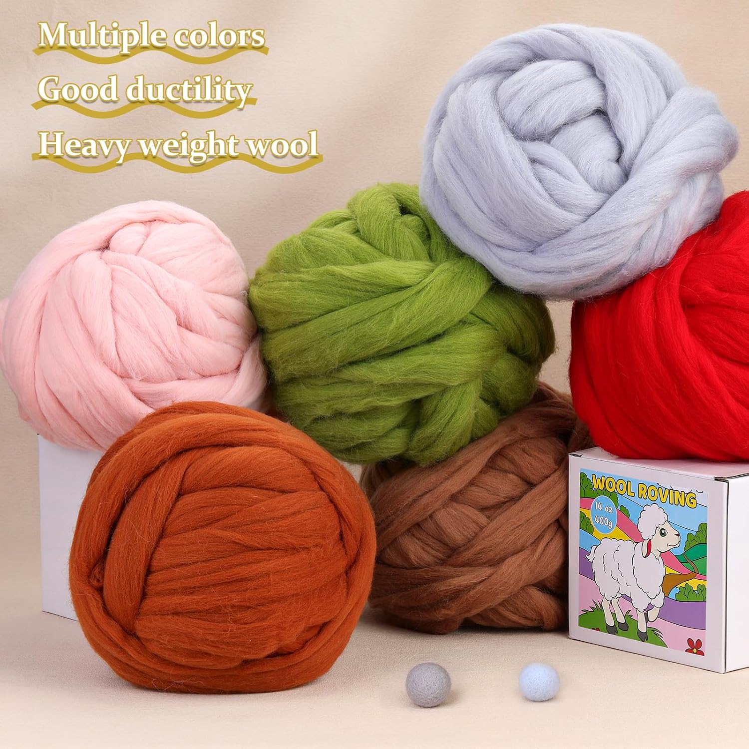 QMNNMA Wool Roving Bulk, 14.1oz Needle Felting Wool, Super Wool Chunky Yarn for Needle Felting, Fiber Roving Woolen Top for Hand Spinning, Felting, Blending, Weaving and DIY Craft (400g)