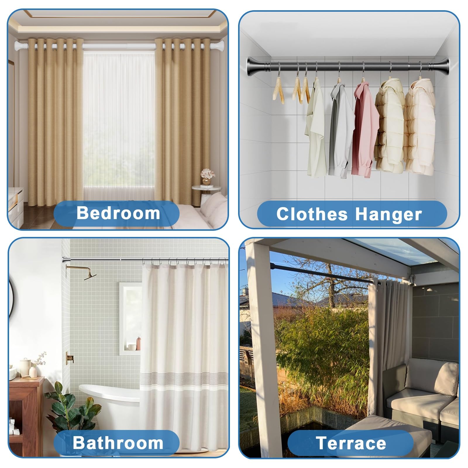 Barre de Douche Extensible 410-500 cm, 360-450 cm, 310-400 cm Tringle Rideau Sans Percage, Tringle À Ressort Antidérapante Tringle télescopique Pour Salle de Bain, Armoire(Black,160-250cm)