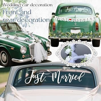 Just Married Car Decorations Kit Wedding Car Decor with Artificial White Roses Banner Flower Vine Tulle Ribbon Sign Stickers Getaway Car Accessories for Bride and Groom Send Off SUV Truck