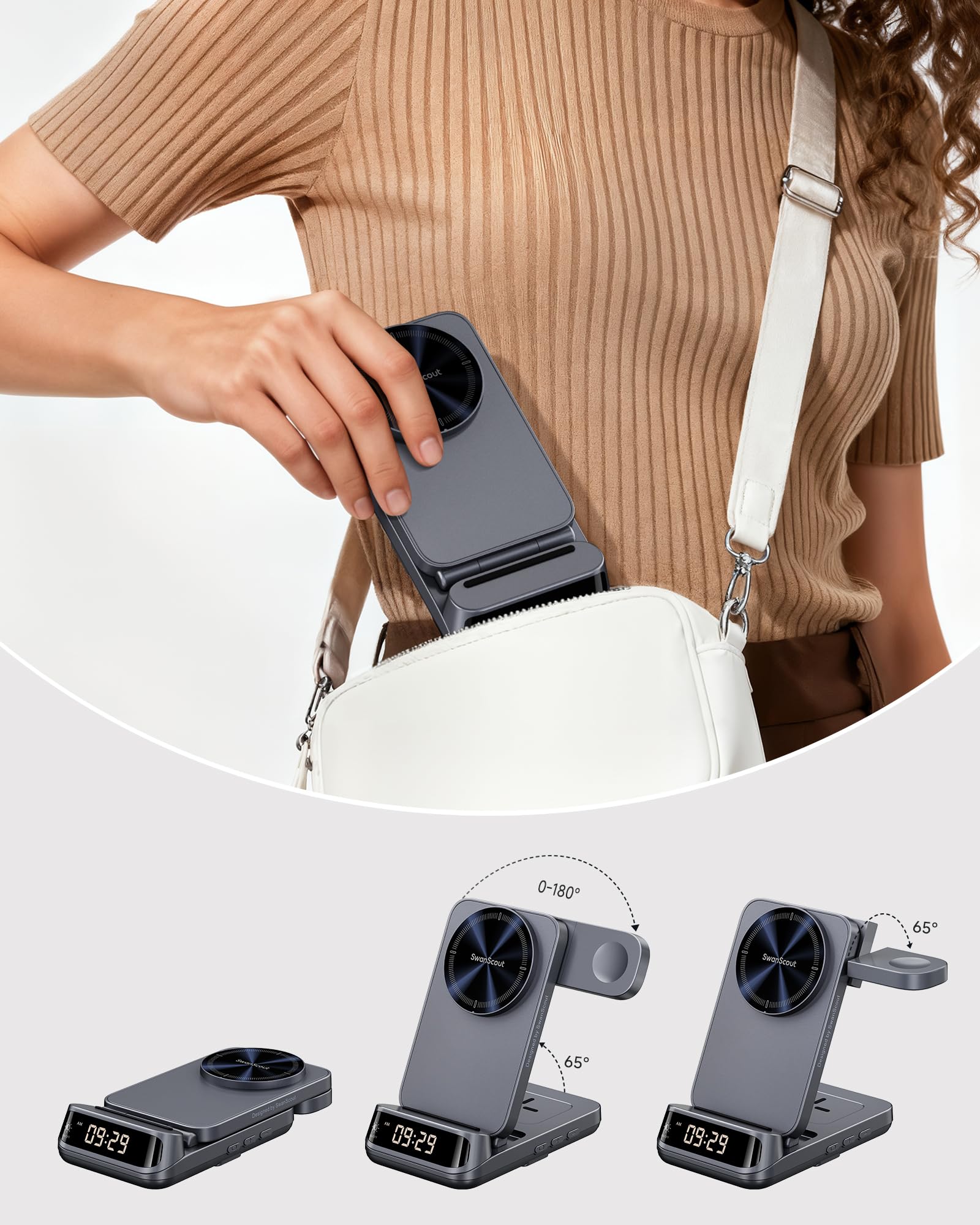 Supporto caricabatterie wireless 3 in 1 da 25 W, compatibile con MagSafe, stazione di ricarica magnetica da viaggio pieghevole con orologio per iPhone 17/16/15, Apple Watch, Air Pods, SwanScout 708M