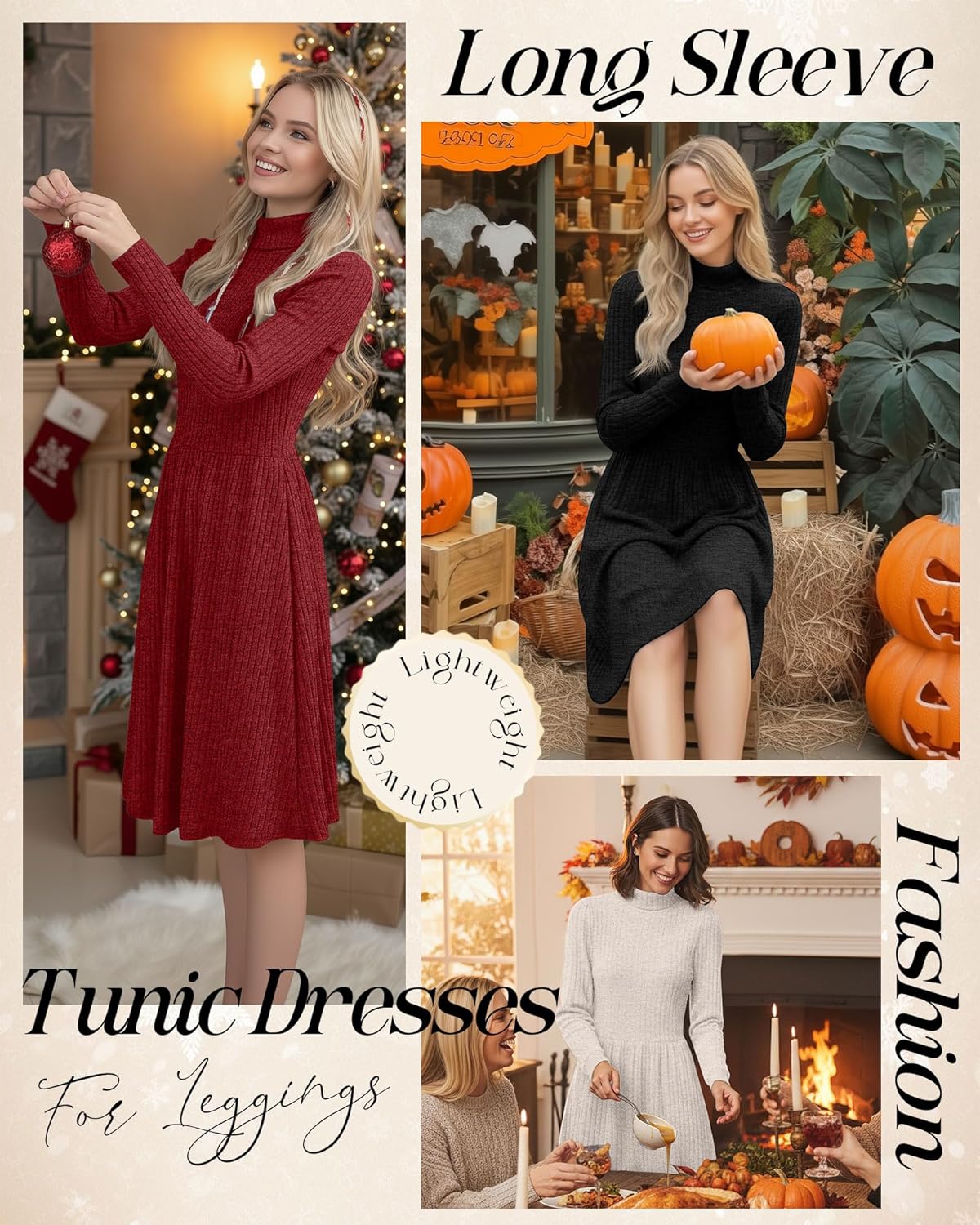 3 Pack Women's Turtleneck Long Sleeve Dresses, Ribbed Knit Casual Fall Winter Sweater Dresses with Pockets(Apricot, Red, Black,X-Large) - Image 4