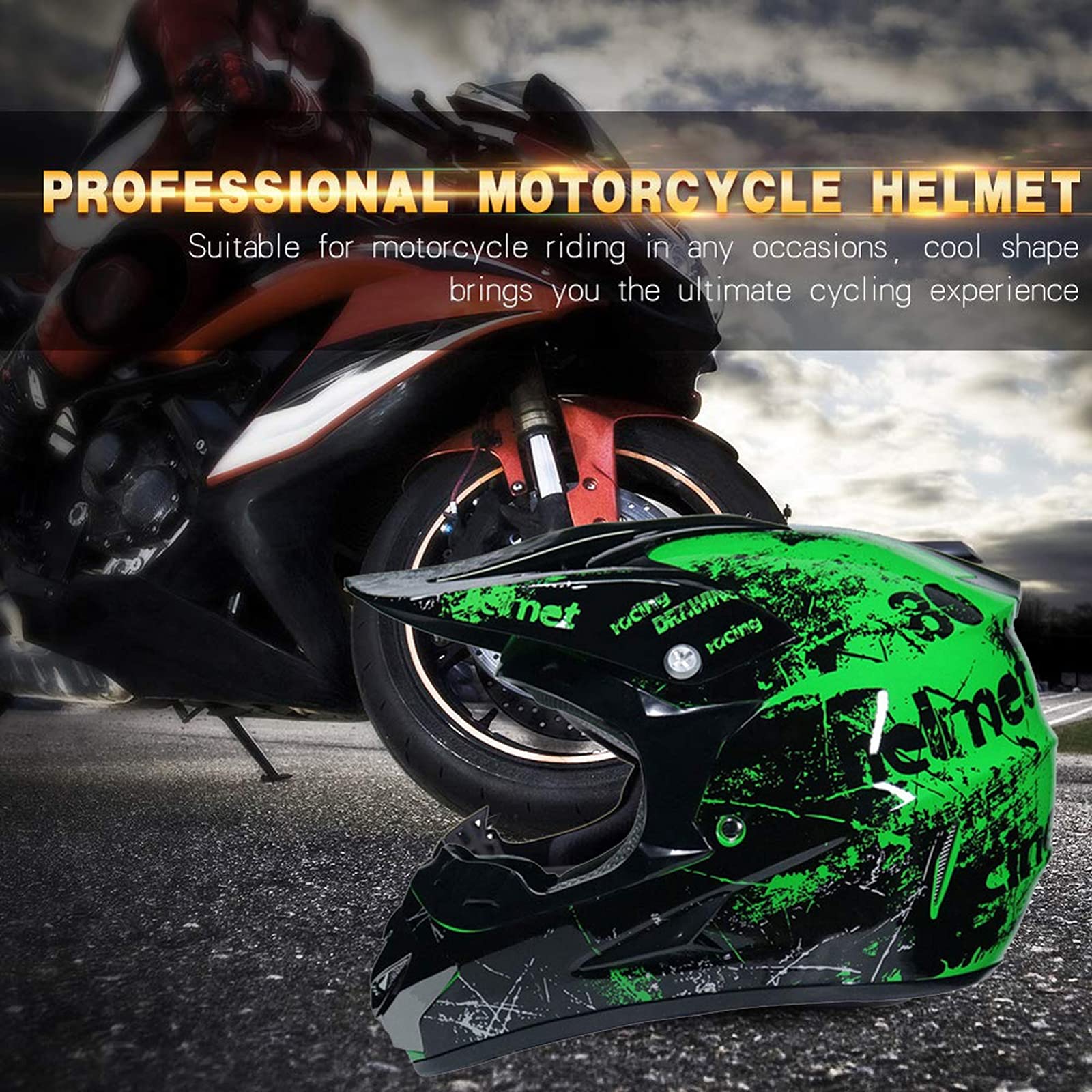 MTB Helm Fullface Kinder,Motorradhelm Grün und Orange Erwachsener Motorrad Downhill Full Face Helm für Mountainbike Bergbuggy Sport Schutz
