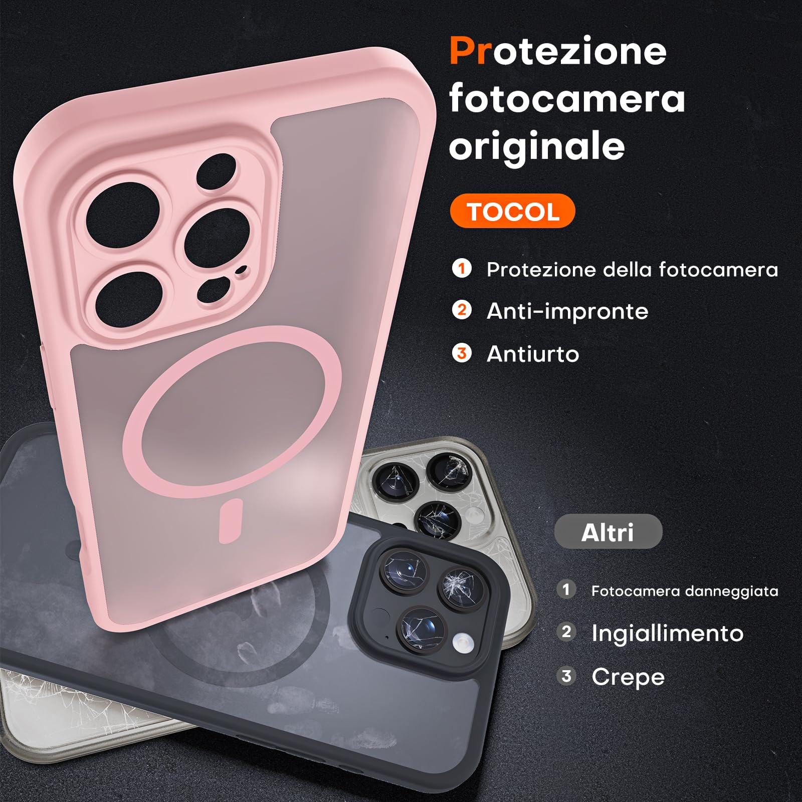 TOCOL Cover Magnetica per iPhone 16 Pro Max 6,9 Pollic, Compatibile con MagSafe, Protezione Fotocamera Integrata, Custodia Antiurto Traslucida Opaca, Rosa Chiaro