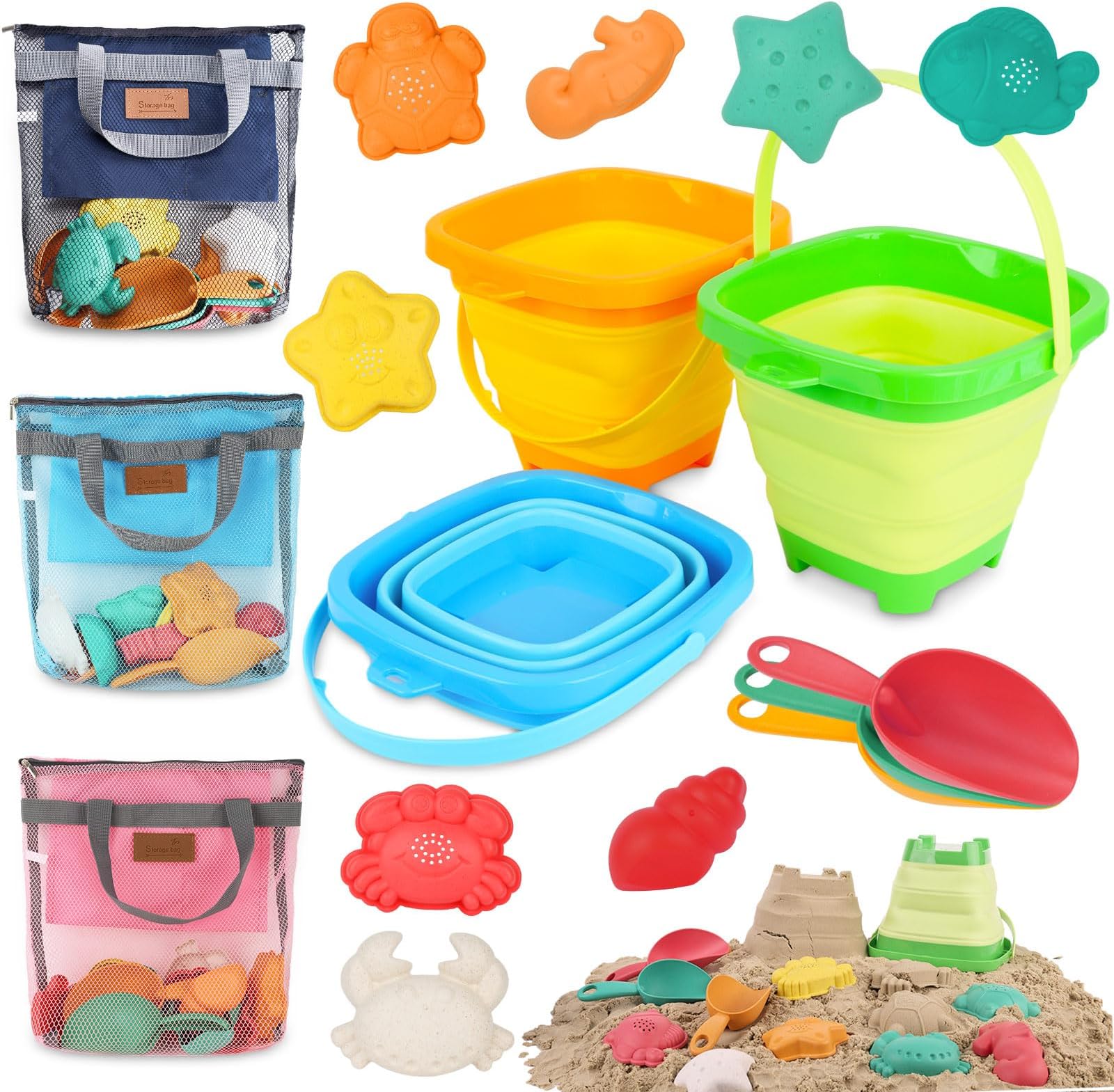 FUTUREPLUSX 17PCS Collapsible Beach Sand Toys, Foldable Sand Bucket Shell Collecting Bags Sand Molds for Kids Outdoor Summer Beach Party