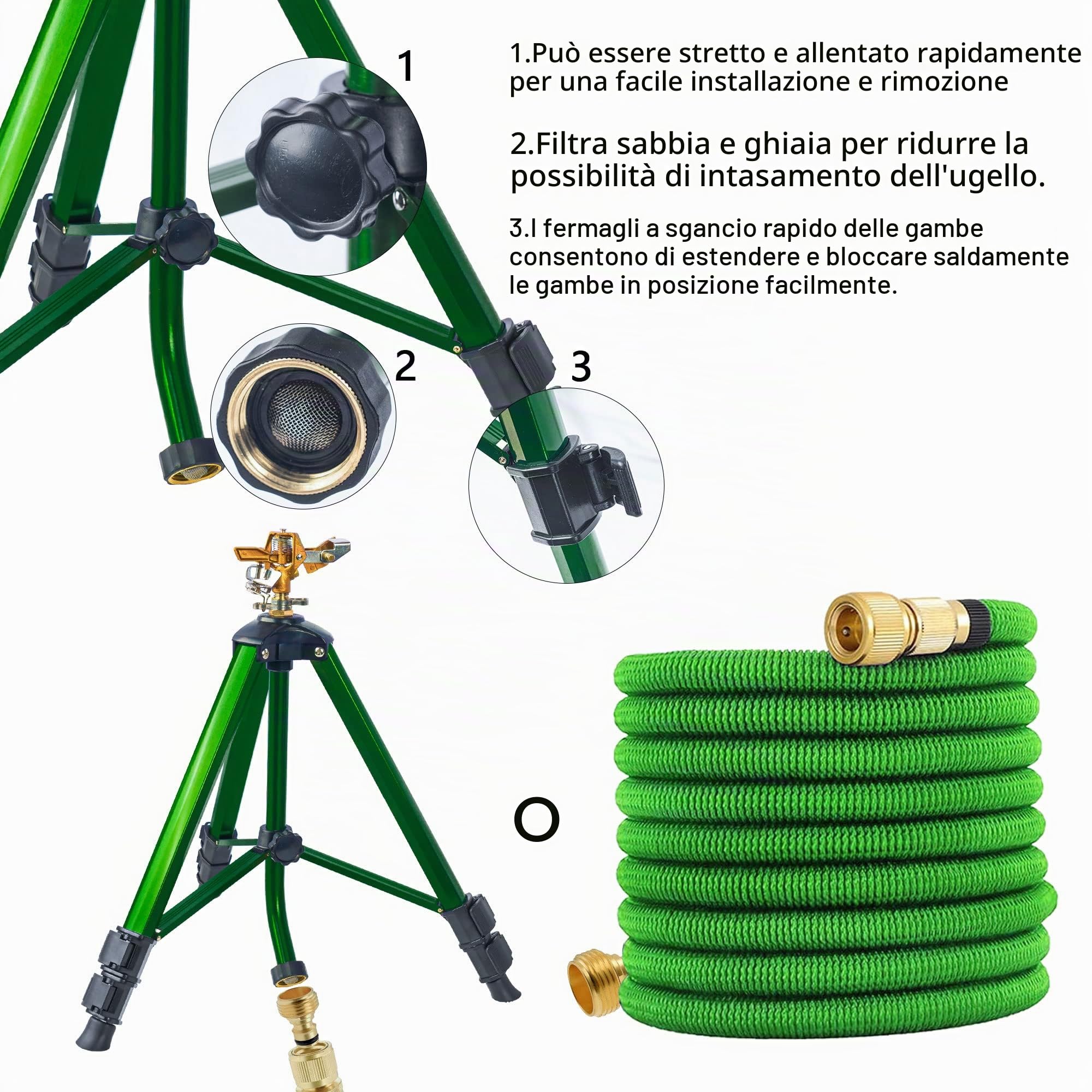 Hourleey Irrigatore a impatto su base a treppiede, irrigatori in ottone resistente per cortile, prato, giardino, copertura di grandi aree da 0 a 360 gradi, connettori da 3/4 di pollice con chiusura a