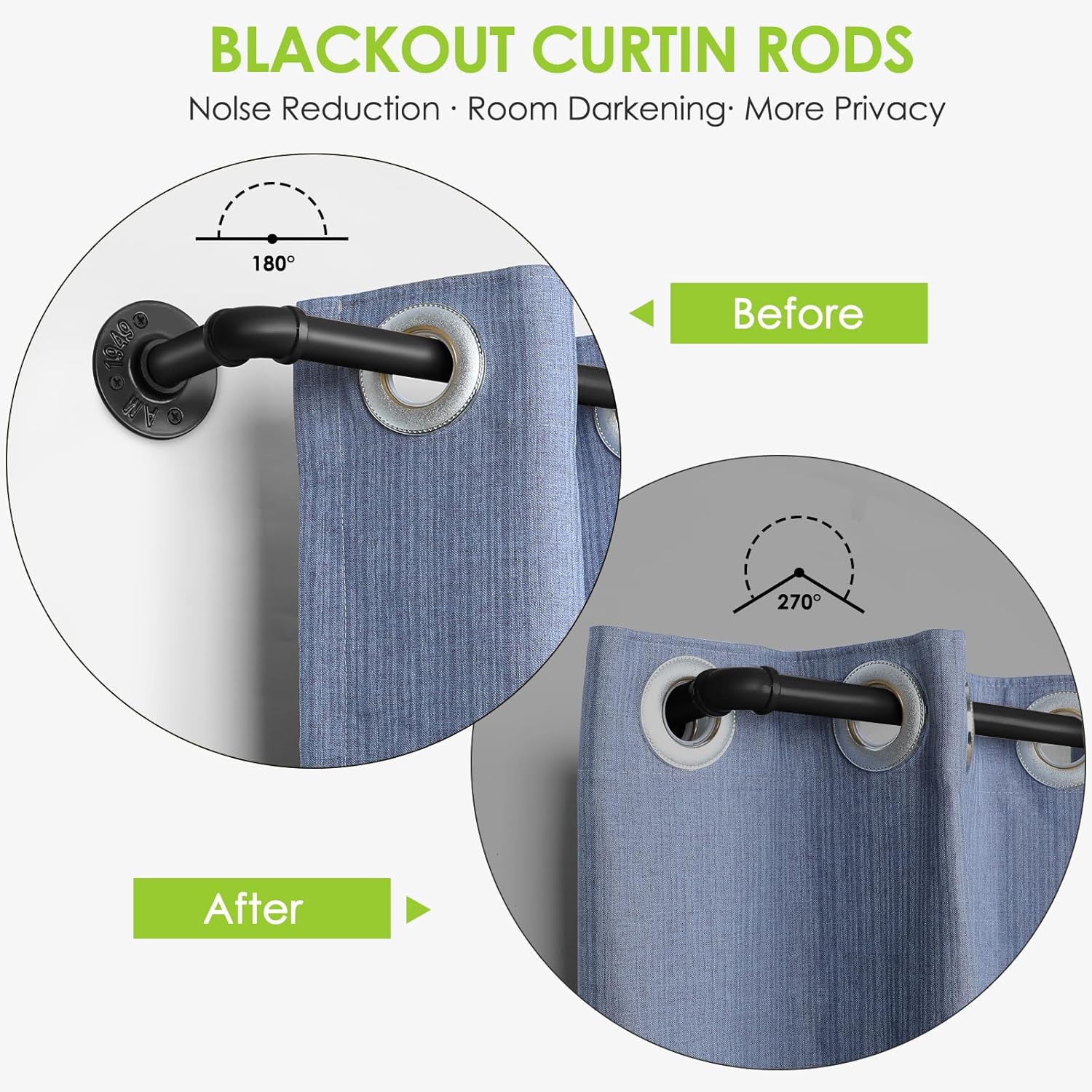 1-inch Black Curtain Rod, 32-168 inch, Industrial Duct Rod, Indoor/Outdoor, Ceiling/Wall Mount, 30 lbs Max Weight