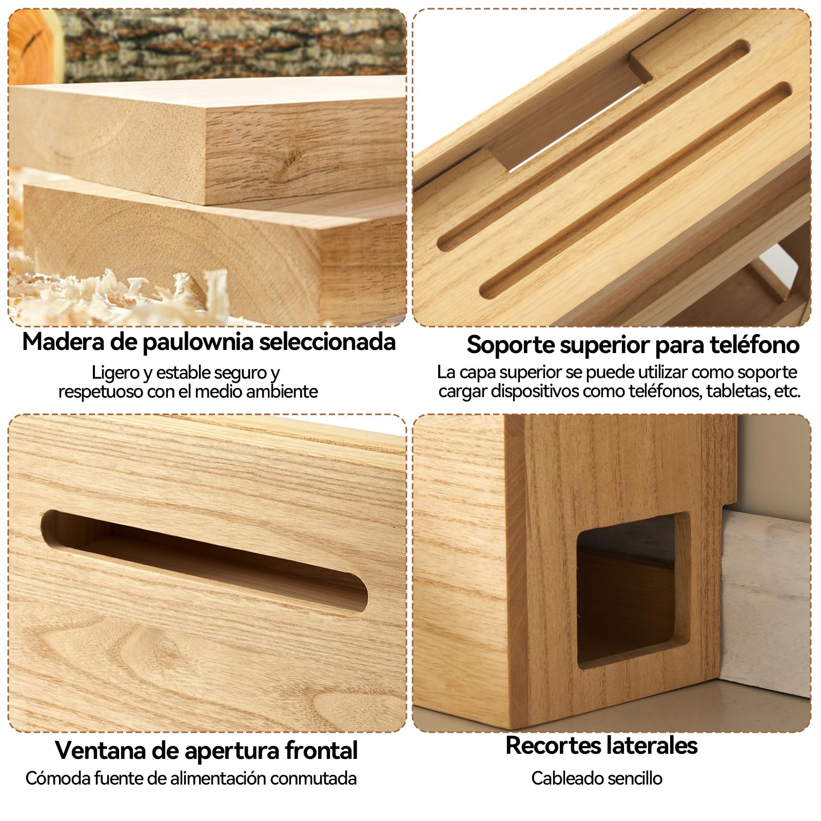 KIRIGEN Organizador de Madera para Router Wifi Inalámbrico, Soporte para Enchufes, Estante y Gestión de Cables Color Natural