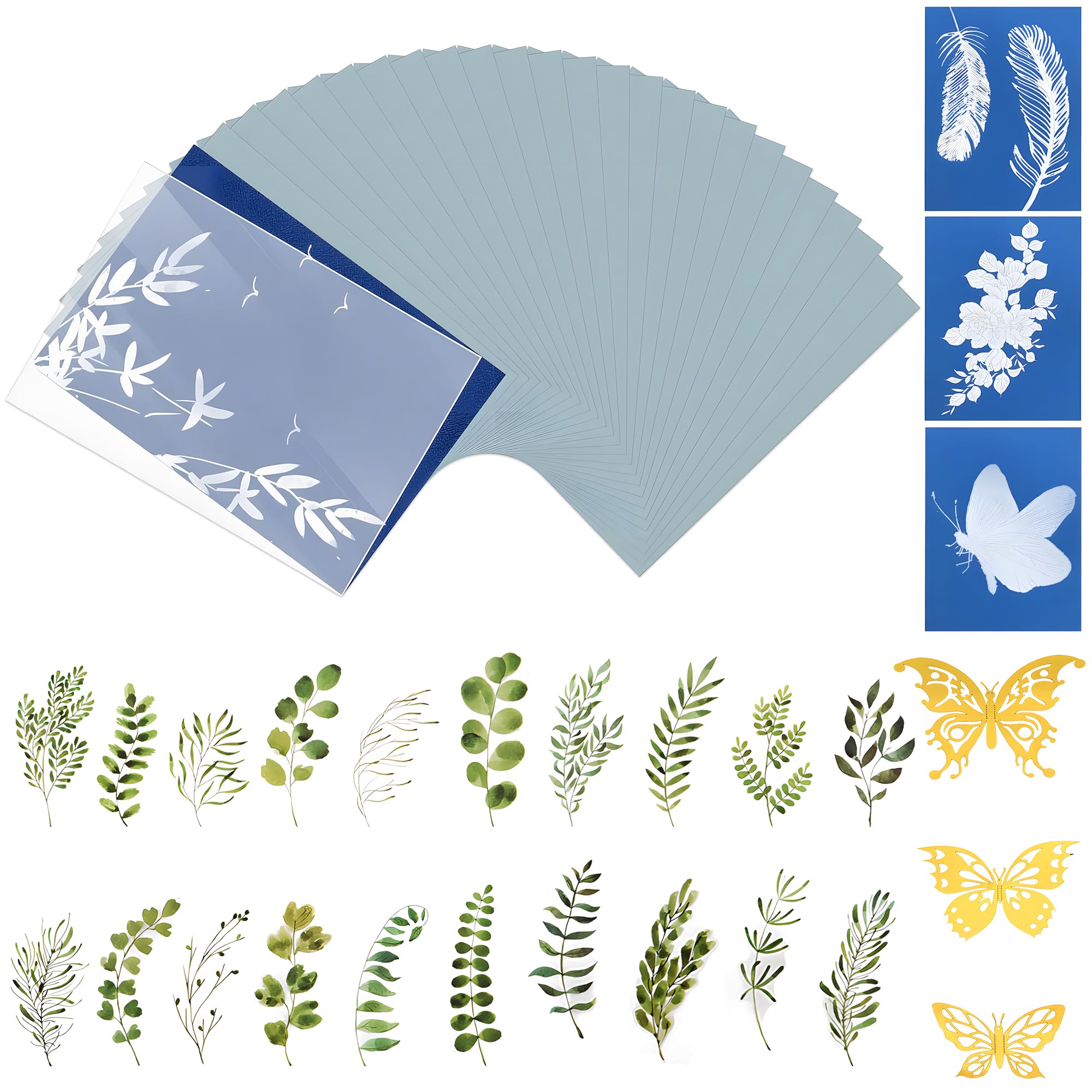 40 Sheets Cyanotype Paper Kit - Premium Cyanotype Paper with Acrylic Panel, 3 Butterflies & 20 Leaves | Easy Light-Sensitive Art Paper for DIY Projects & Crafts