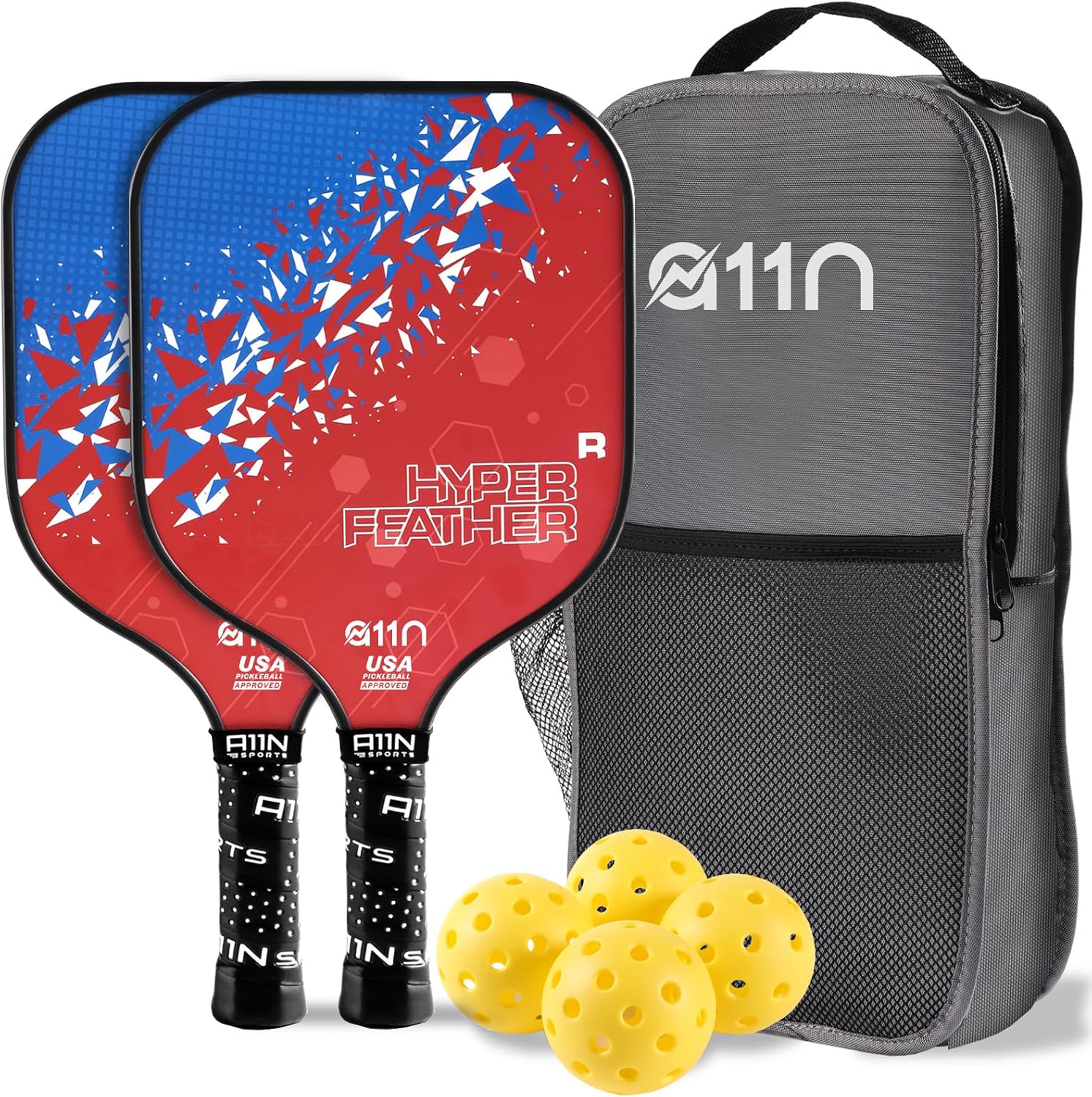 A11N HyperFeather R Pickleball Paddles Set of 2 - USA Approved w/ 4 Balls & Backpack - Control, Power & Durability for Beginners