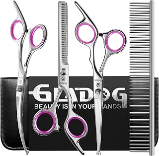 GLADOG Professional 5 in 1 Dog & Cat Grooming Scissors Set with Safety Round Tips, Sharp and Heavy-duty Pet Grooming Shears for Cats (Red)