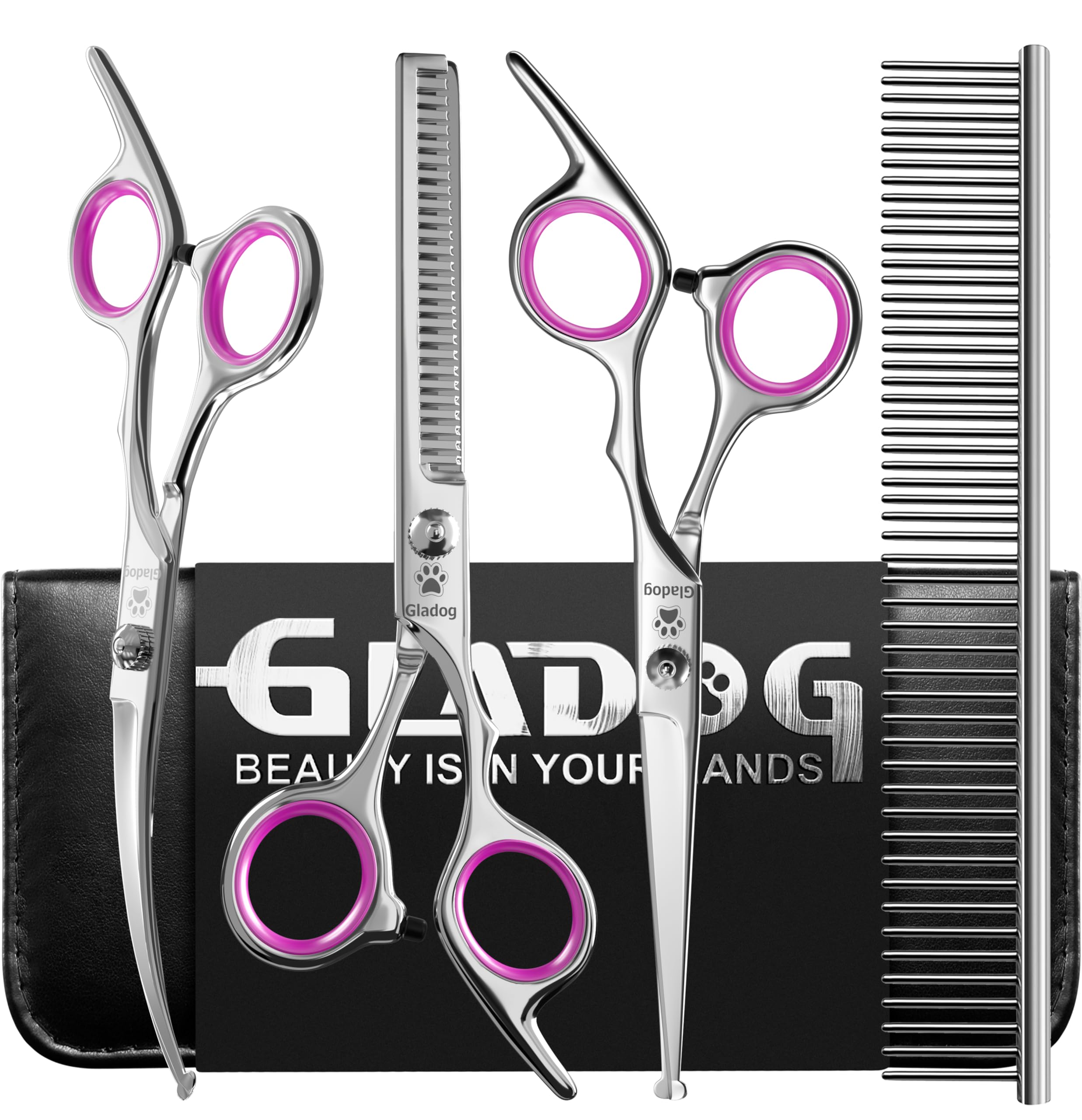 GLADOG 4 in 1 Dog Grooming Scissors Kit, Pink Titanium Coated Pet Scissors for Dogs & Cats, Straight Curved Thinning Shears with Comb, Safety Round Tips, Ergonomic Handle โ image 1