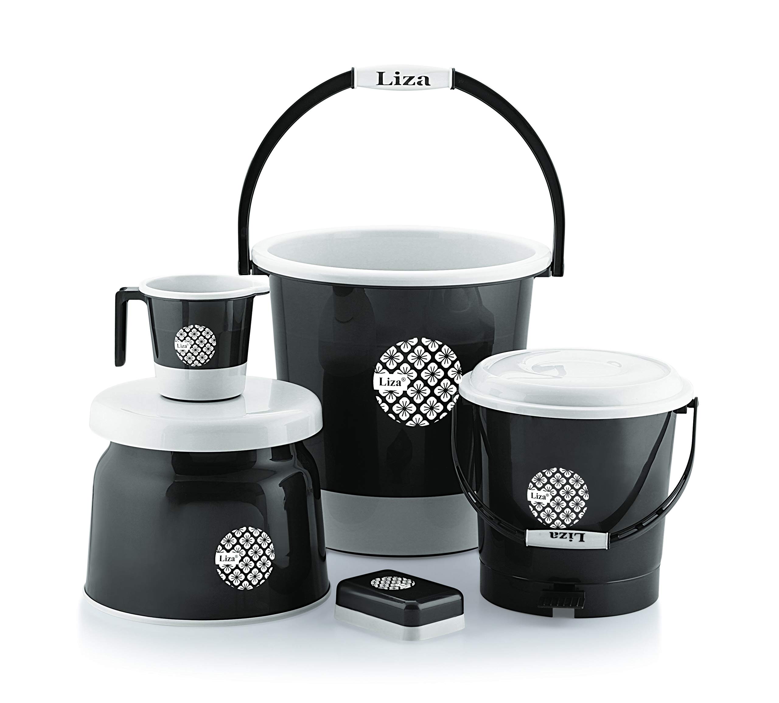 Liza 5 pcs Bathroom Accessories Set Plastic Bath Set Bathroom Bucket, Mug, Stool,Dustbin,Soap Case 5 Piece Combo Set for Home, Kitchen & Bathroom (Metallic Grey)