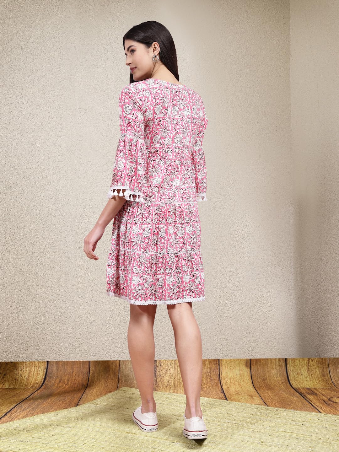 Stylum Women's Floral Printed Cotton Tiered A-Line Dress (Drsalpha40_Pink, L)