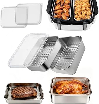 6-Piece Air Fryer Accessories Set, Stainless Steel Air Fryer Rack With Lids, 2 Depths 5cm & 8cm, Compatible with Ninja, Cosori, Philips, Fits 8-10QT Rectangle Dual Basket Air Fryers, BPA Free