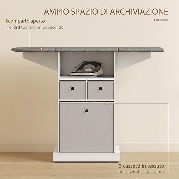 HOMCOM Mobile Asse da Stiro Pieghevole Salvaspazio, Mobile da Stiro Multiuso con 3 Cassetti in Tessuto Effetto Lino, Ruote a Freno, Ripiano Aperto, per Lavanderia e Bagno, 121x37x89.5 cm, Bianco - 5