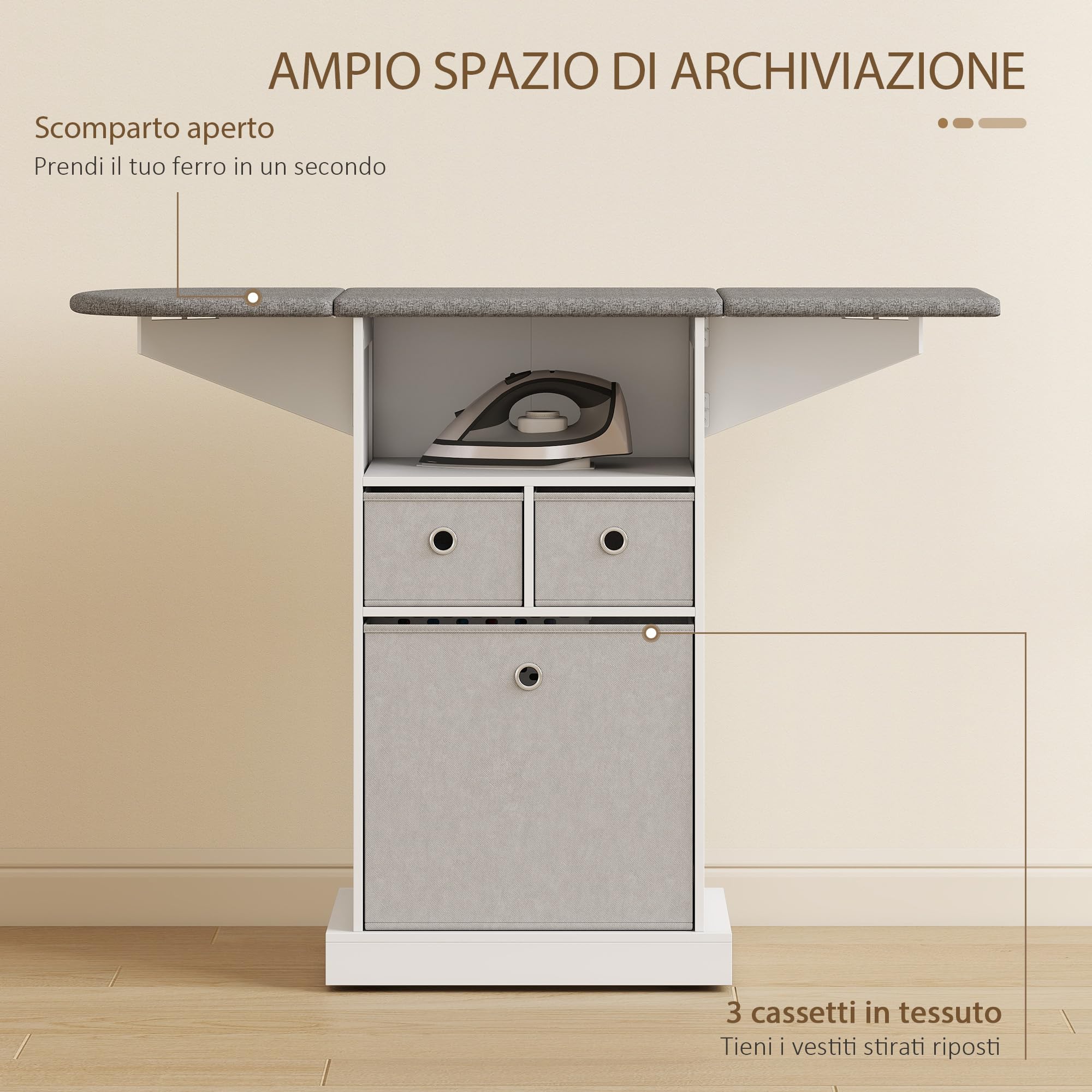 HOMCOM Mobile Asse da Stiro Pieghevole Salvaspazio, Mobile da Stiro Multiuso con 3 Cassetti in Tessuto Effetto Lino, Ruote a Freno, Ripiano Aperto, per Lavanderia e Bagno, 121x37x89.5 cm, Bianco