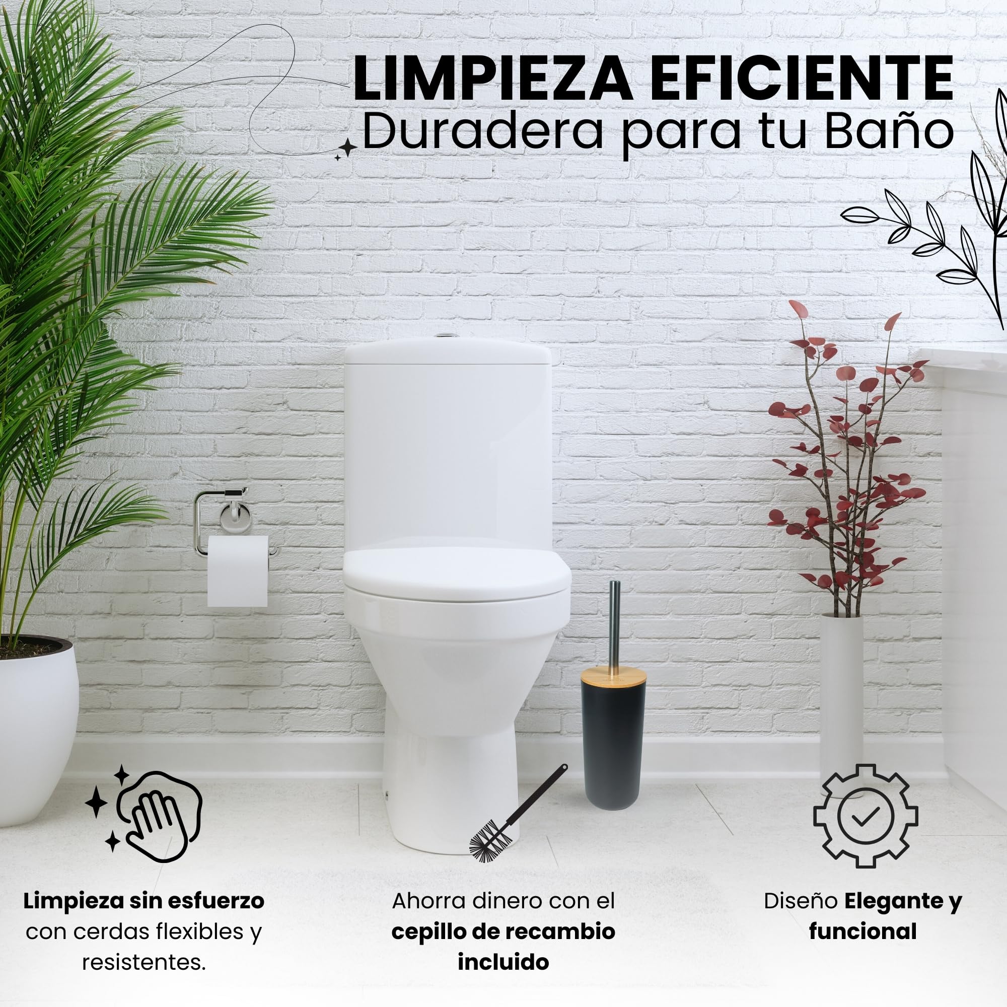 Juego Accesorios baño Negro y bambú, Incluye dispensador jabón, escobilla de baño y Porta Cepillo de Dientes - Kit Completo de 3 Piezas sin Taladro