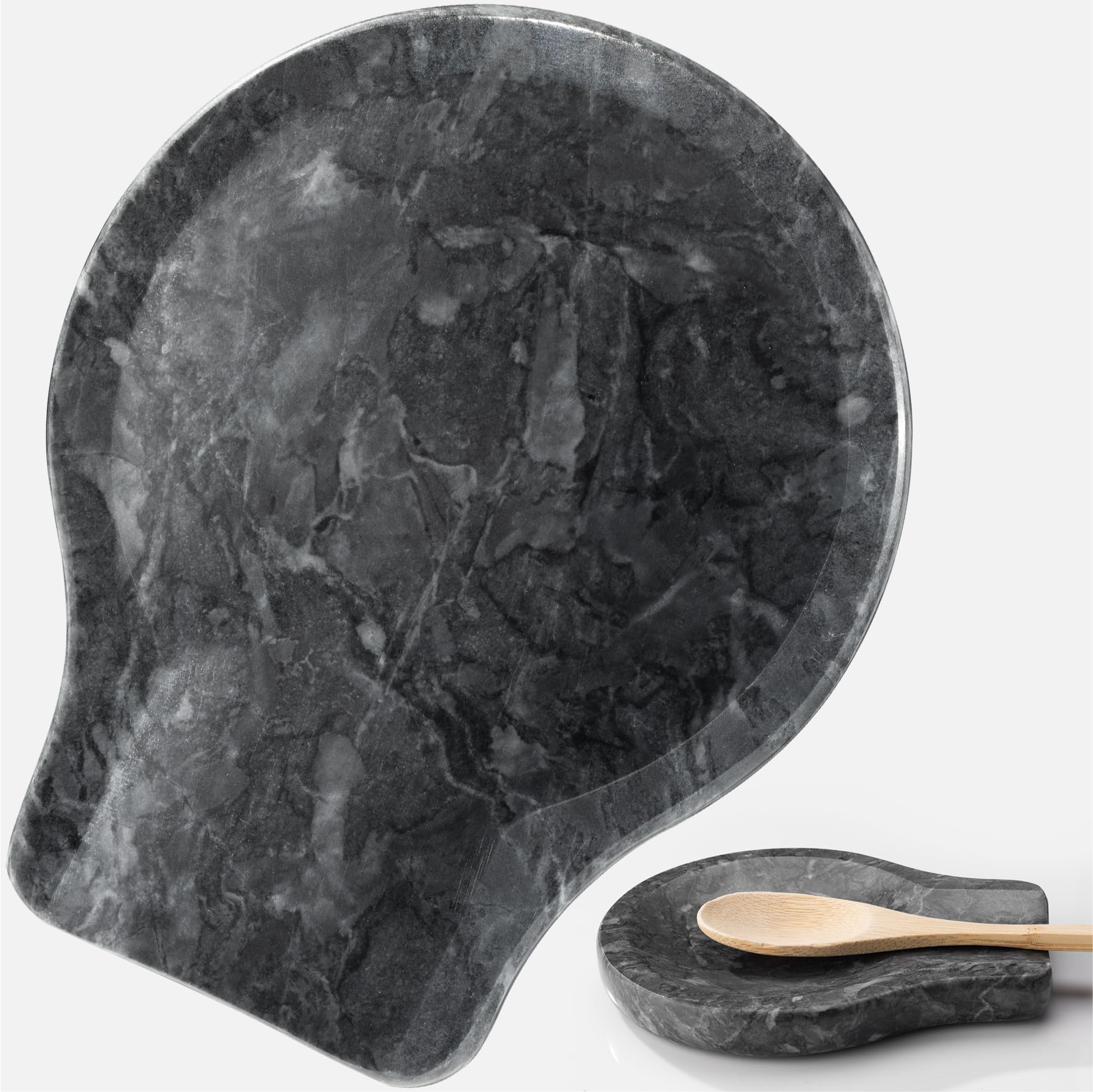 Marble Spoon Rest 2pcs Set - Spoon Holder for Your Kitchen Tools - Rest Your Tea Spoon, Metal Spatula, or Utensil - Charcoal Black with Non-Slip Feet