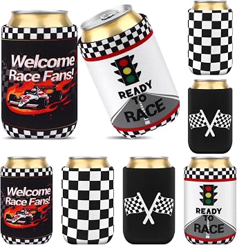 8 Pcs Race Car Party Can Cover Sleeve Racing Theme Party Beverage Sleeves Supplies for Home Decorations