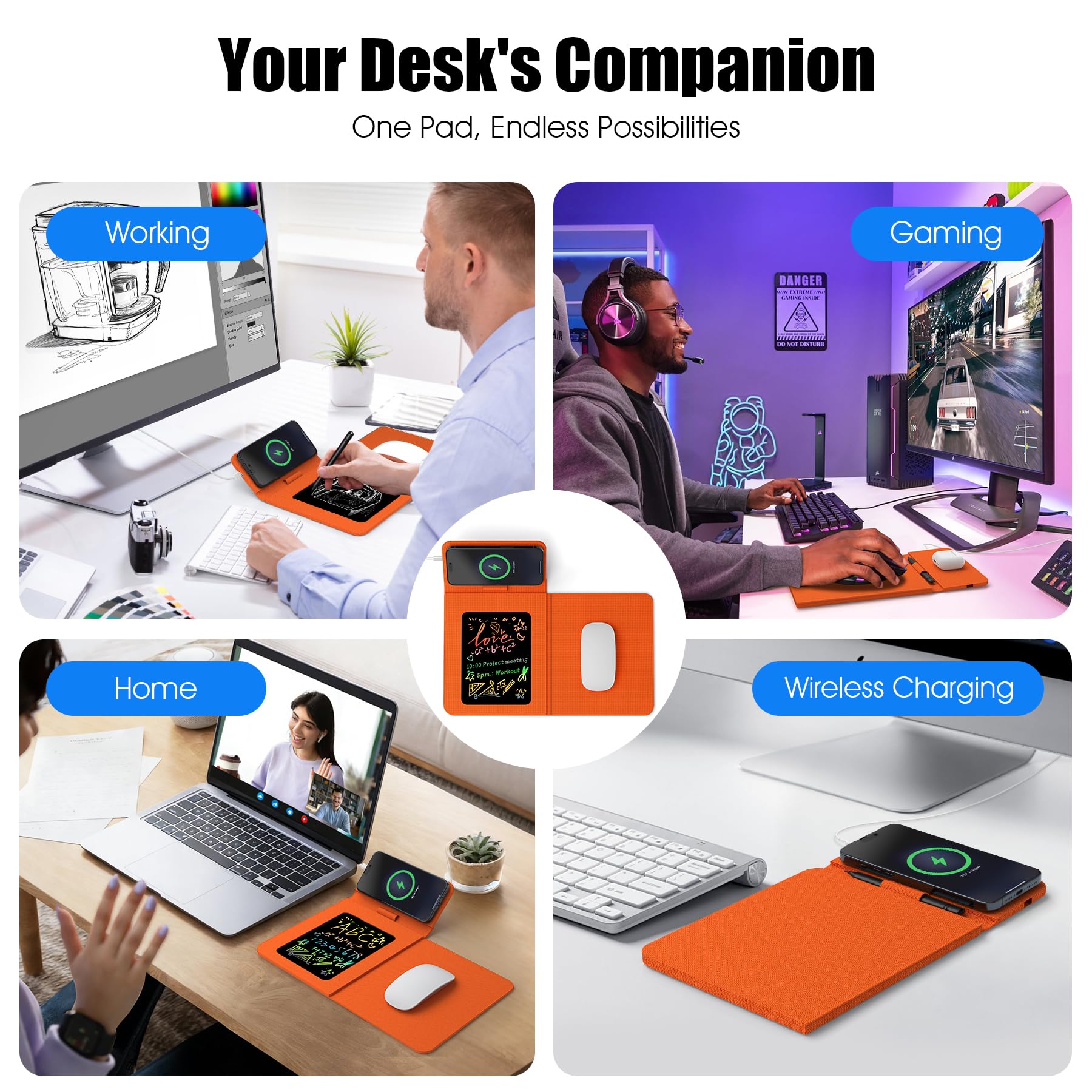 Tappetino per mouse con ricarica wireless con tablet LCD, superficie pieghevole in pelle antiscivolo, caricabatterie rapido magnetico da 15 W per iPhone/Apple Watch/Samsung Galaxy Watch/S più