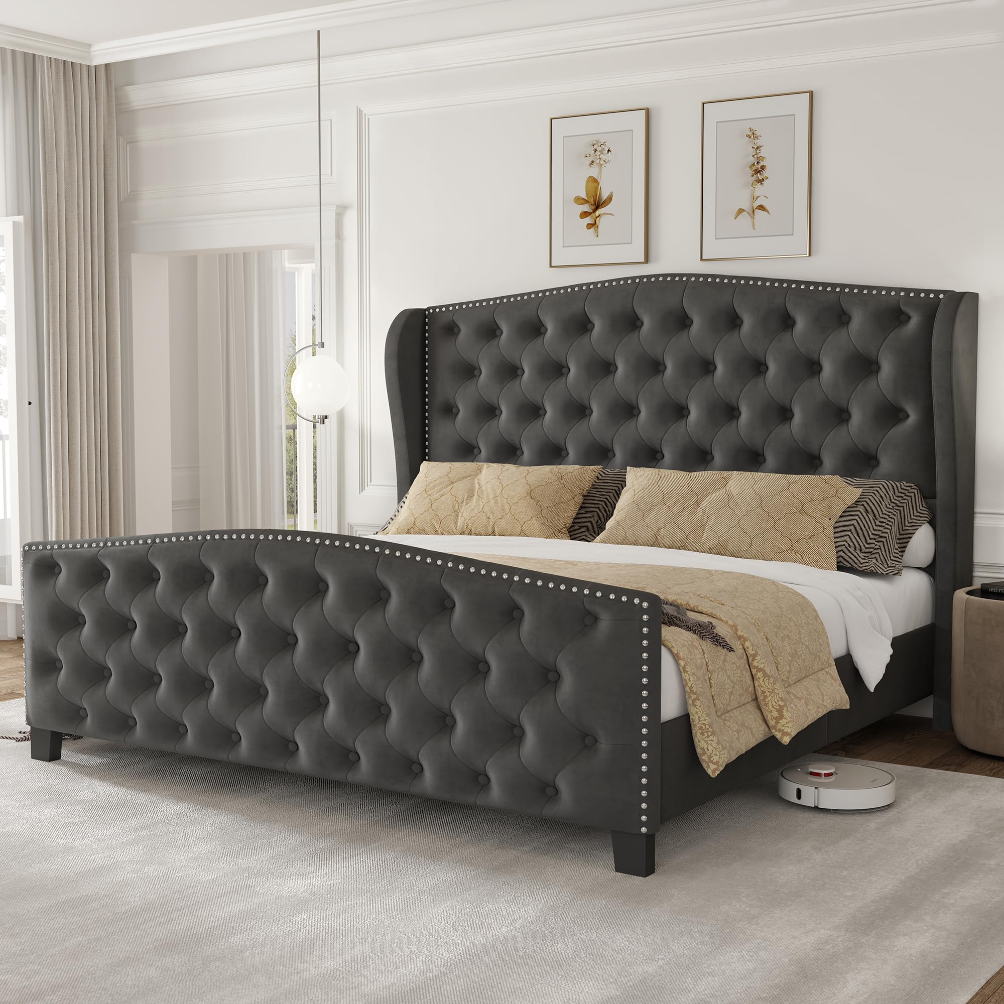 LARMACE Queen Size Bed Frame Velvet Upholstered Platform Bed with Wingback Headboard Footbaord Deep Button Tufted Bed Frame