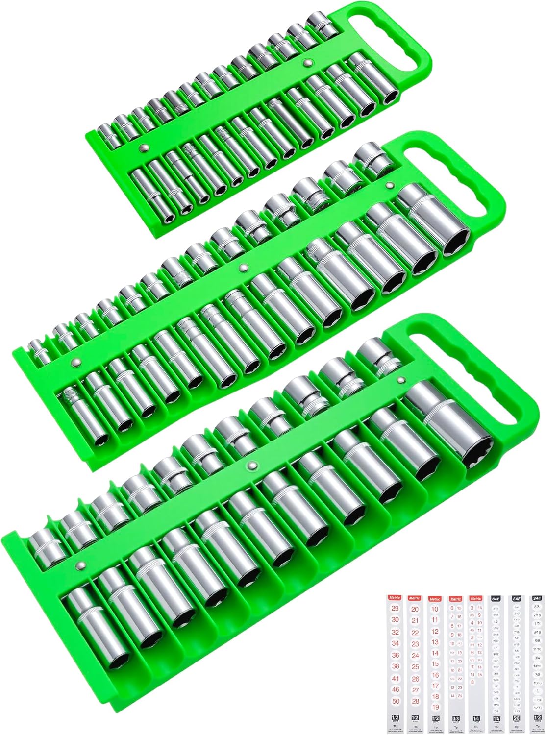 3-Piece Magnetic Socket Organizer Tray, for 1/2'', 3/8 '', 1/4'' Drive Metric/SAE Hold up to 76 Sockets, Heavy-Duty Socket Holder with Handle & Magnetic Base, Sockets Not Included