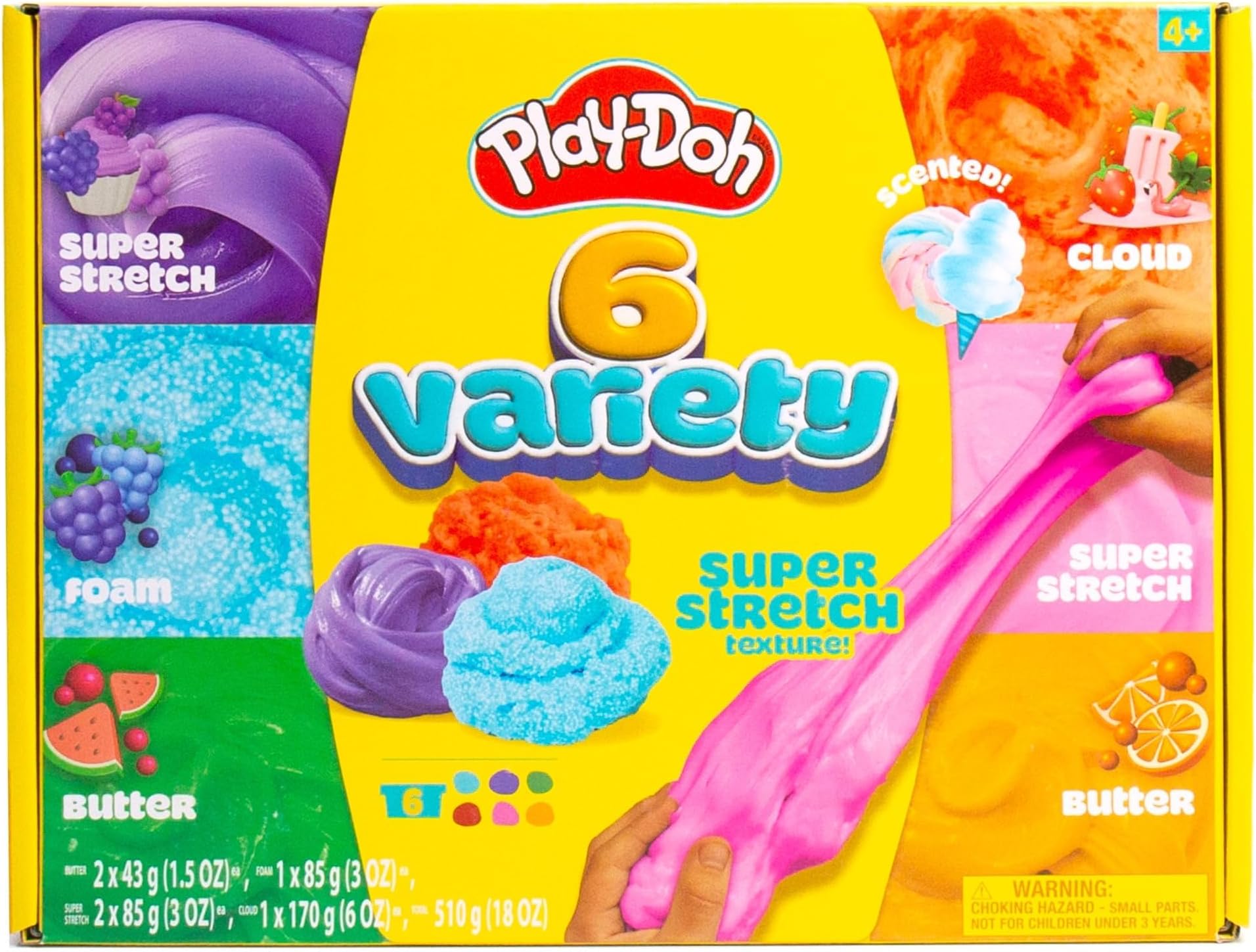 Play-Doh Scented Slime Variety Pack, 6-Pack Variety, Super Stretch, Foam, Butter & Cloud Slime (Strawberry, Grape, Cotton Candy, Blue Raspberry, Watermelon, Citrus Scented), Gifts and Party Favors