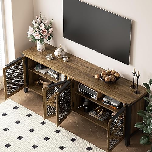 Miniatura 3 de VFK Soporte de TV de granja de 70 pulgadas para TV de 75 pulgadas, centro de entretenimiento rústico con 4 puertas, gabinete de consola multimedia